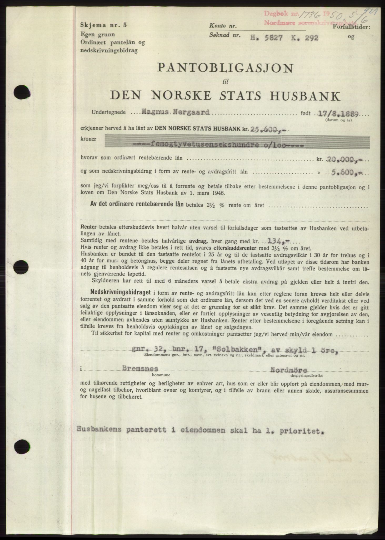 Nordmøre sorenskriveri, SAT/A-4132/1/2/2Ca: Pantebok nr. B104, 1950-1950, Dagboknr: 1736/1950