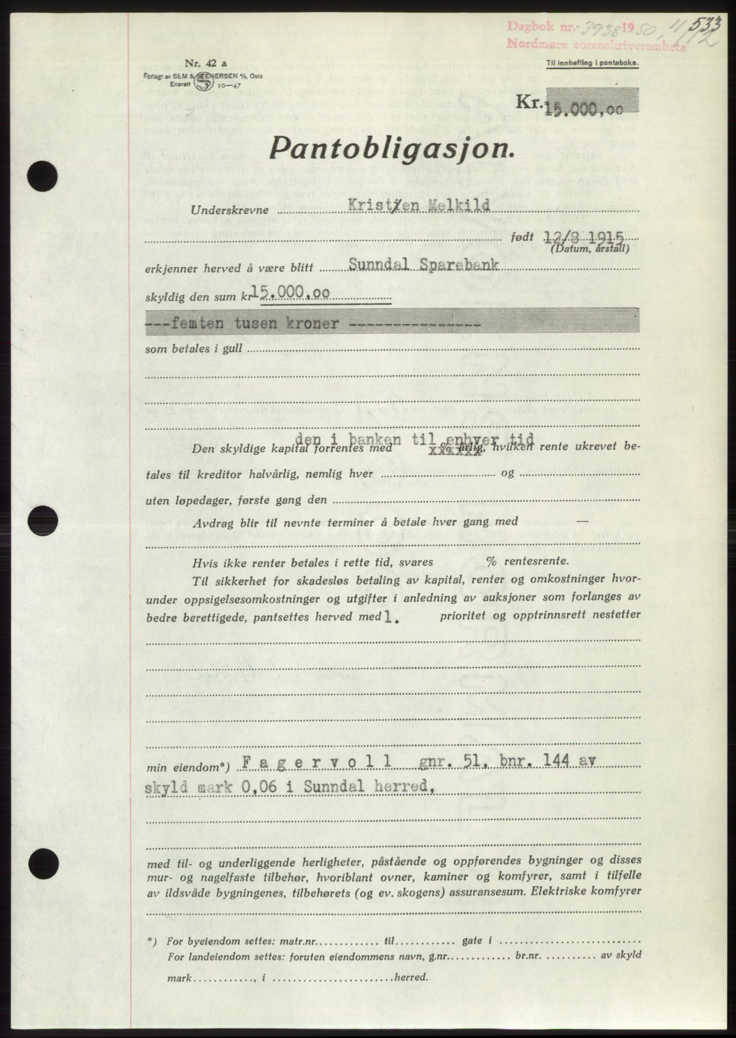 Nordmøre sorenskriveri, SAT/A-4132/1/2/2Ca: Pantebok nr. B106, 1950-1950, Dagboknr: 3938/1950