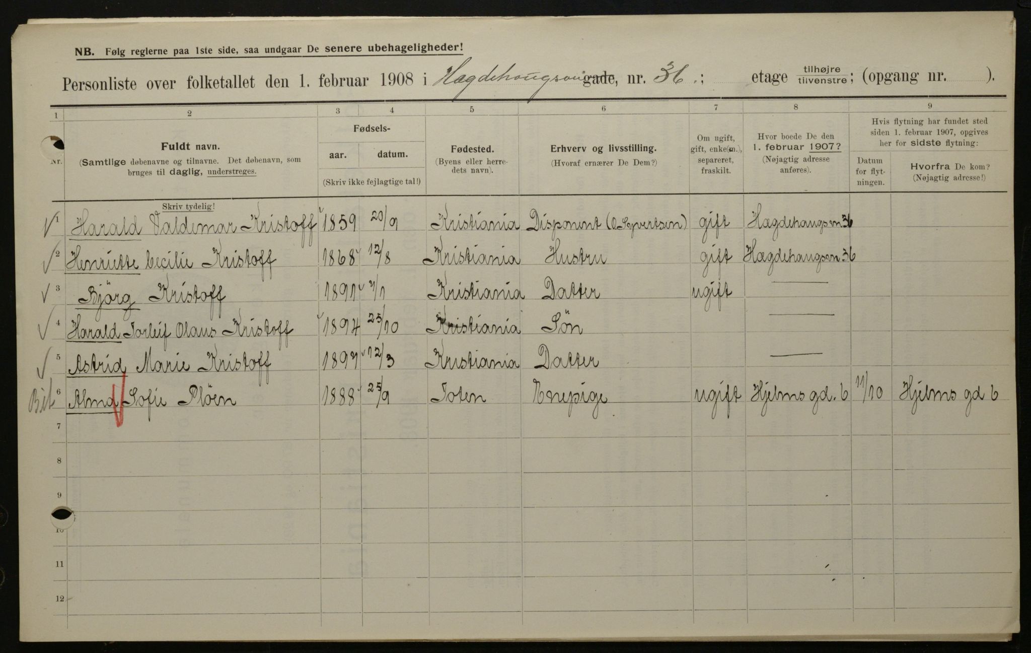 OBA, Kommunal folketelling 1.2.1908 for Kristiania kjøpstad, 1908, s. 32901