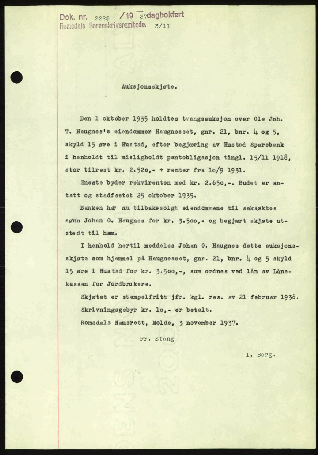 Romsdal sorenskriveri, SAT/A-4149/1/2/2C: Pantebok nr. A4, 1937-1938, Dagboknr: 2225/1937