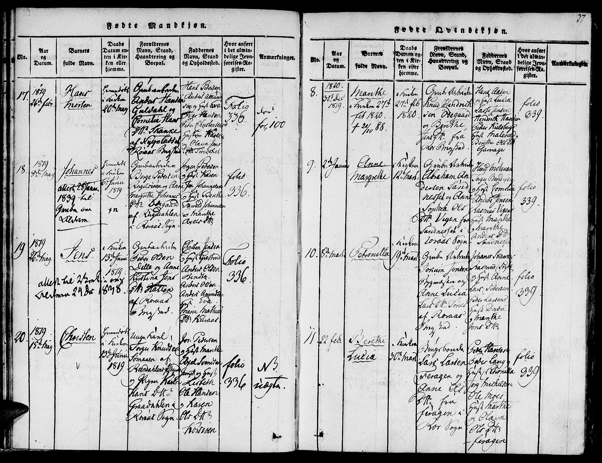 Ministerialprotokoller, klokkerbøker og fødselsregistre - Sør-Trøndelag, AV/SAT-A-1456/681/L0929: Ministerialbok nr. 681A07, 1817-1828, s. 27