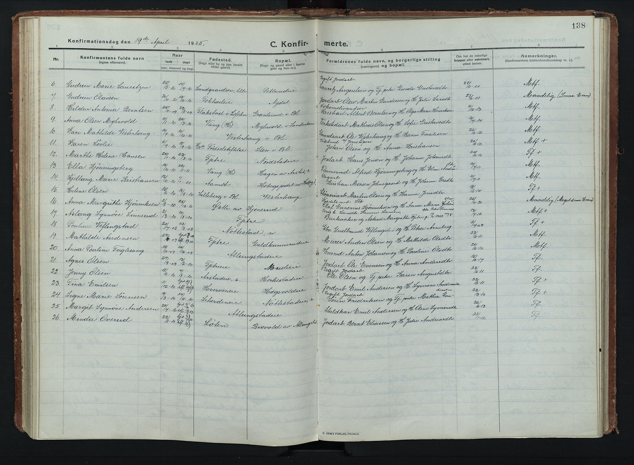 Stange prestekontor, AV/SAH-PREST-002/K/L0028: Ministerialbok nr. 28, 1913-1932, s. 138