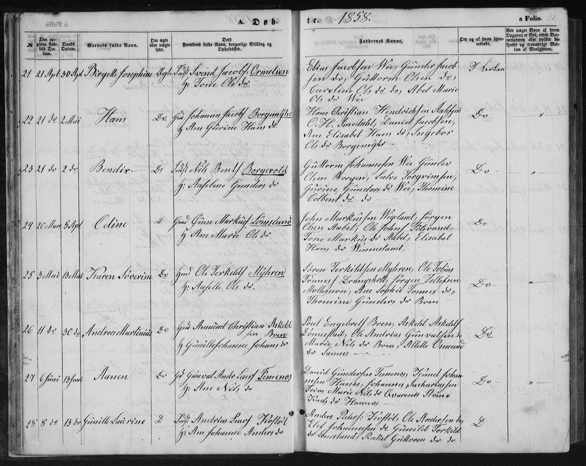Tveit sokneprestkontor, AV/SAK-1111-0043/F/Fb/L0003: Klokkerbok nr. B 3, 1854-1886, s. 21