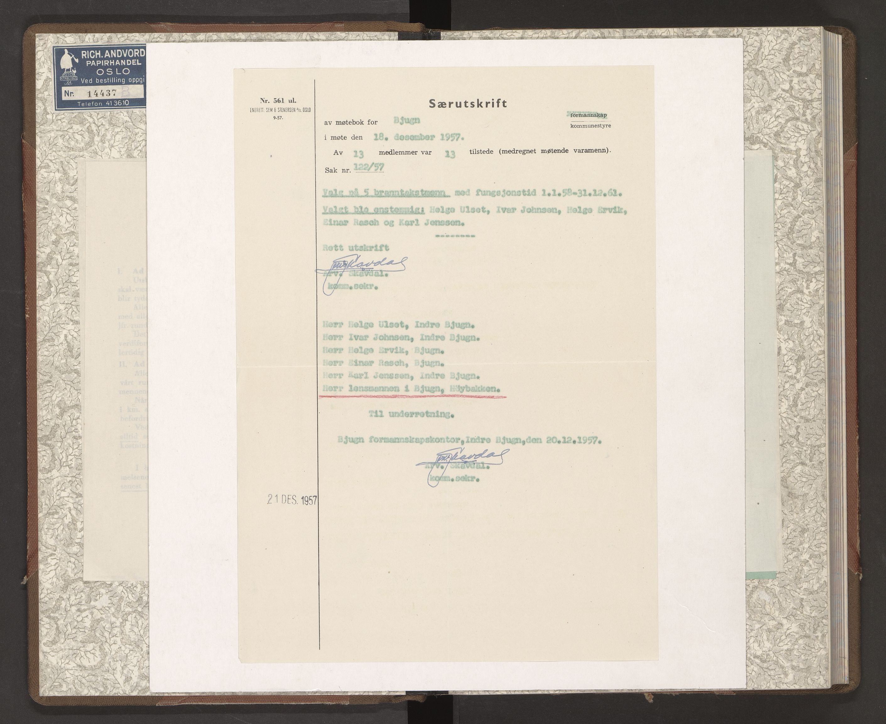 Norges Brannkasse Bjugn, AV/SAT-A-5519/Fa/L0003: Branntakstprotokoll med tekst, 1952-1955