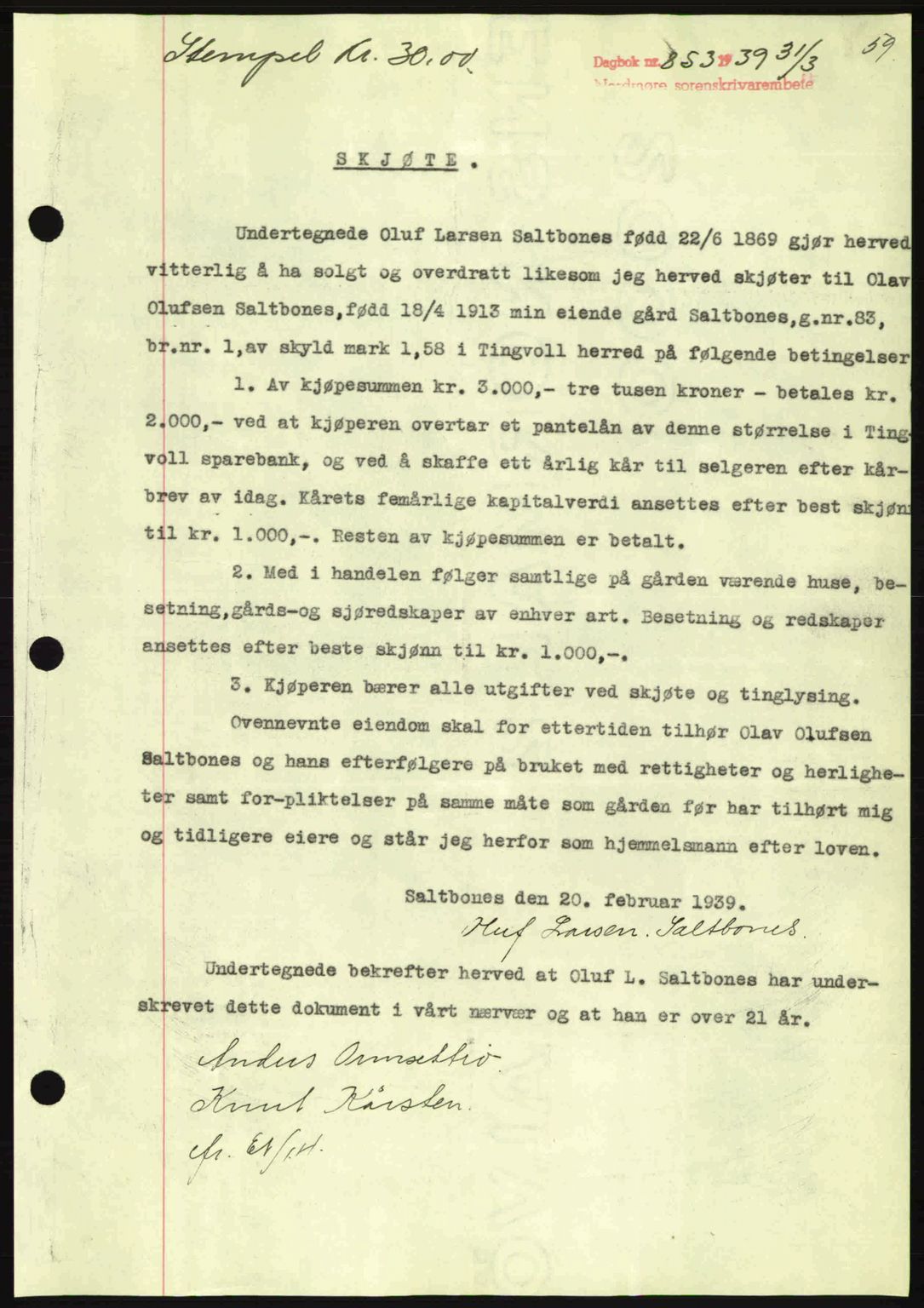 Nordmøre sorenskriveri, SAT/A-4132/1/2/2Ca: Pantebok nr. A86, 1939-1939, Dagboknr: 853/1939