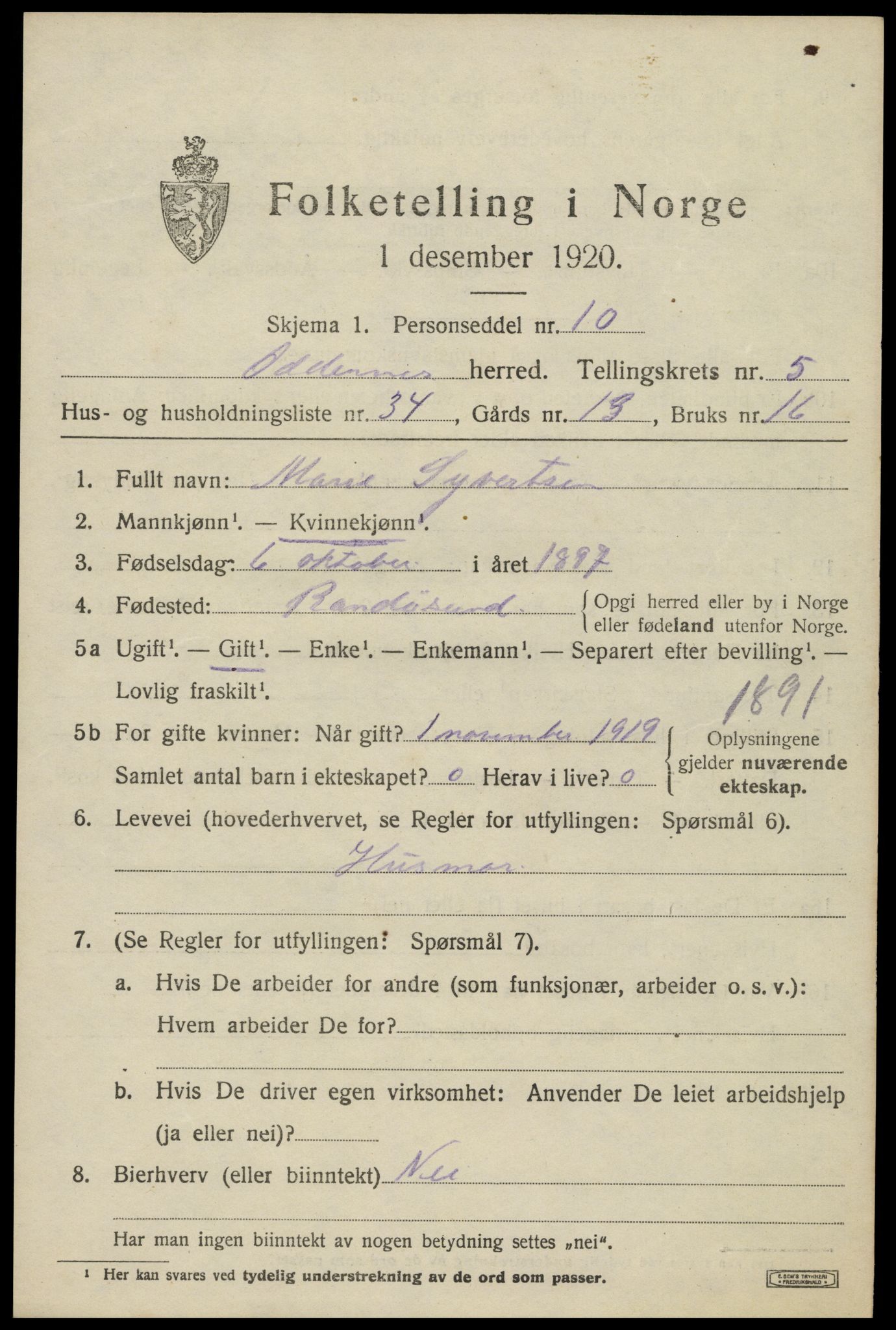 SAK, Folketelling 1920 for 1012 Oddernes herred, 1920, s. 4681