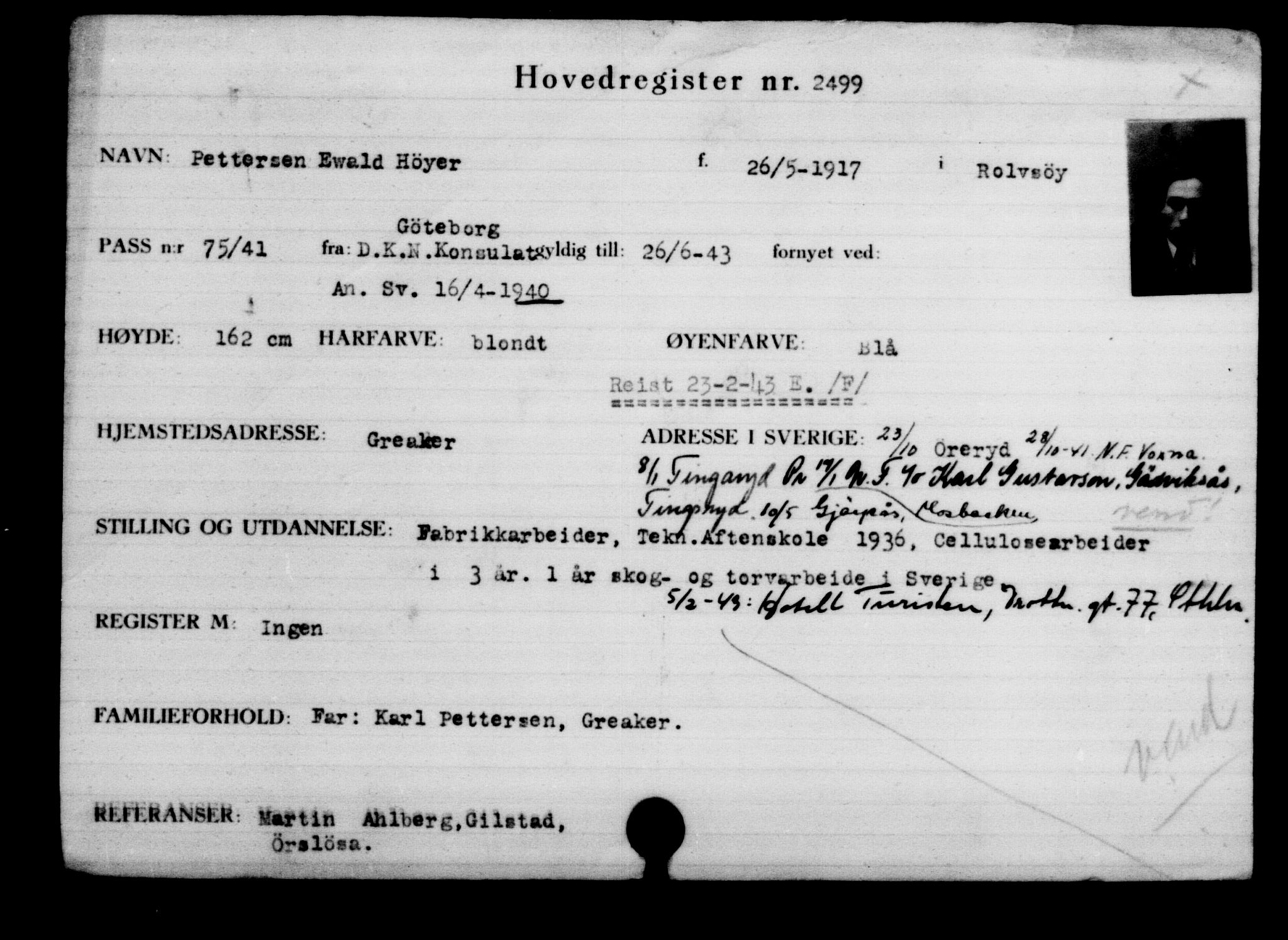 Utenriksstasjonene, Legasjonen i Stockholm, Flyktningkontoret, AV/RA-S-6753/V/Va/L0003: Kjesäterkartoteket, flyktninger med registreringsnr. 2001-3495, 1940-1945, s. 838