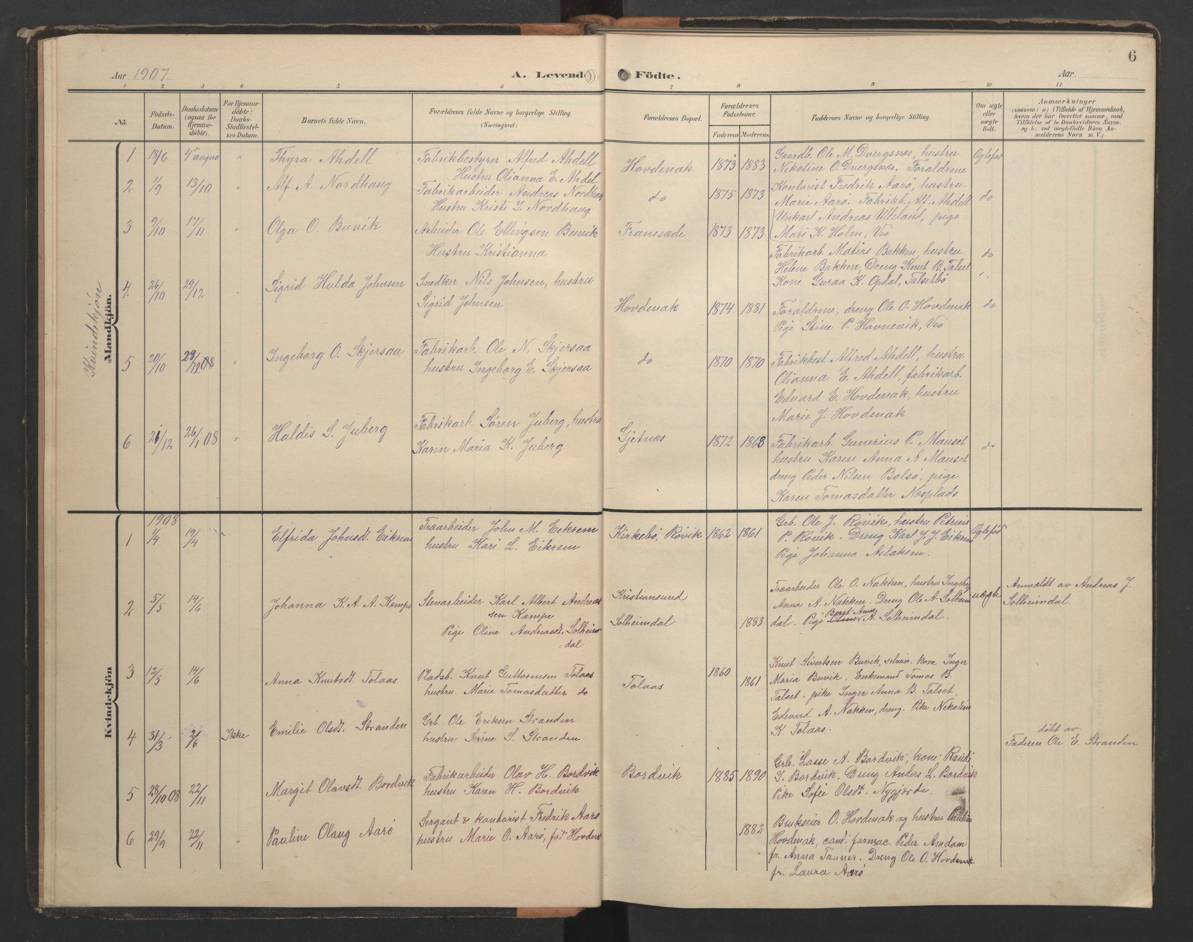 Ministerialprotokoller, klokkerbøker og fødselsregistre - Møre og Romsdal, SAT/A-1454/556/L0677: Klokkerbok nr. 556C01, 1907-1953, s. 6