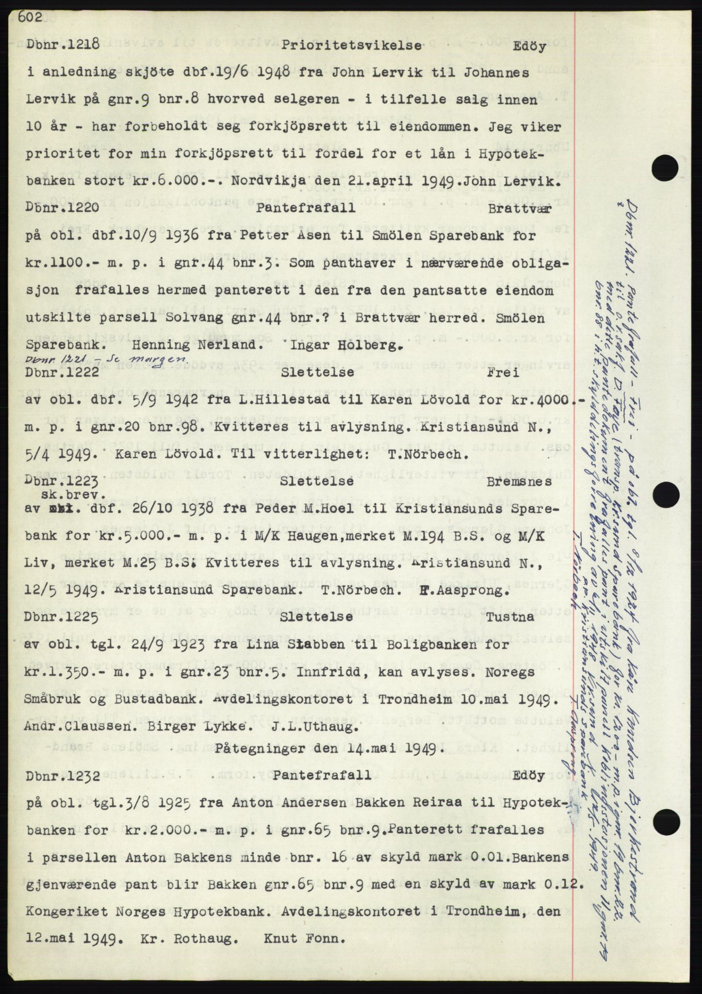 Nordmøre sorenskriveri, SAT/A-4132/1/2/2Ca: Pantebok nr. C82b, 1946-1951, Dagboknr: 1218/1949