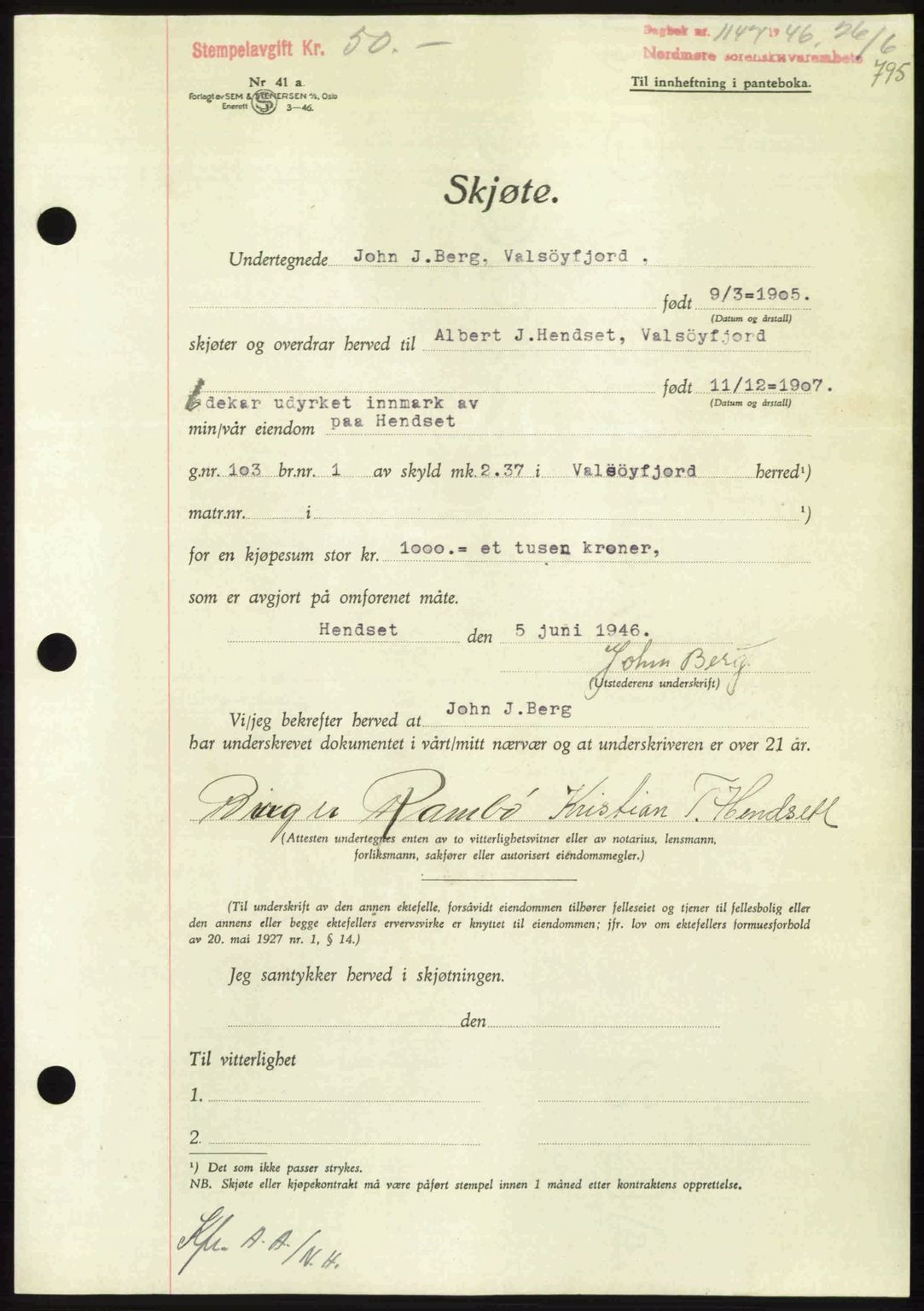 Nordmøre sorenskriveri, AV/SAT-A-4132/1/2/2Ca: Pantebok nr. A101, 1946-1946, Dagboknr: 1147/1946