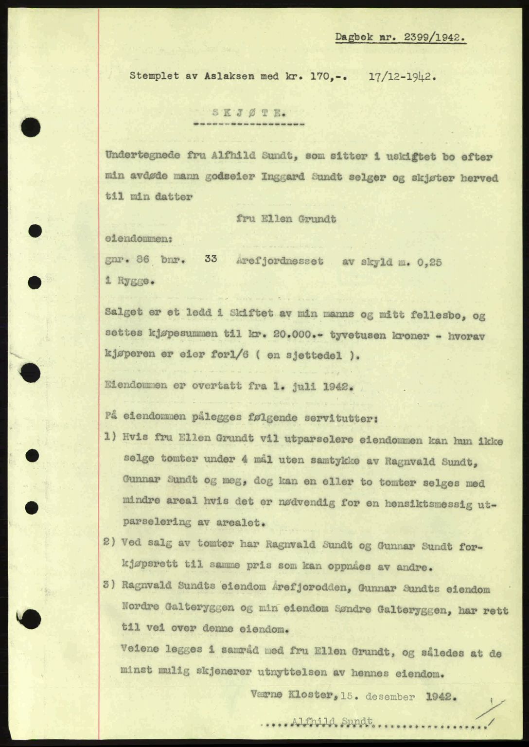 Moss sorenskriveri, SAO/A-10168: Pantebok nr. A10, 1942-1943, Dagboknr: 2399/1942