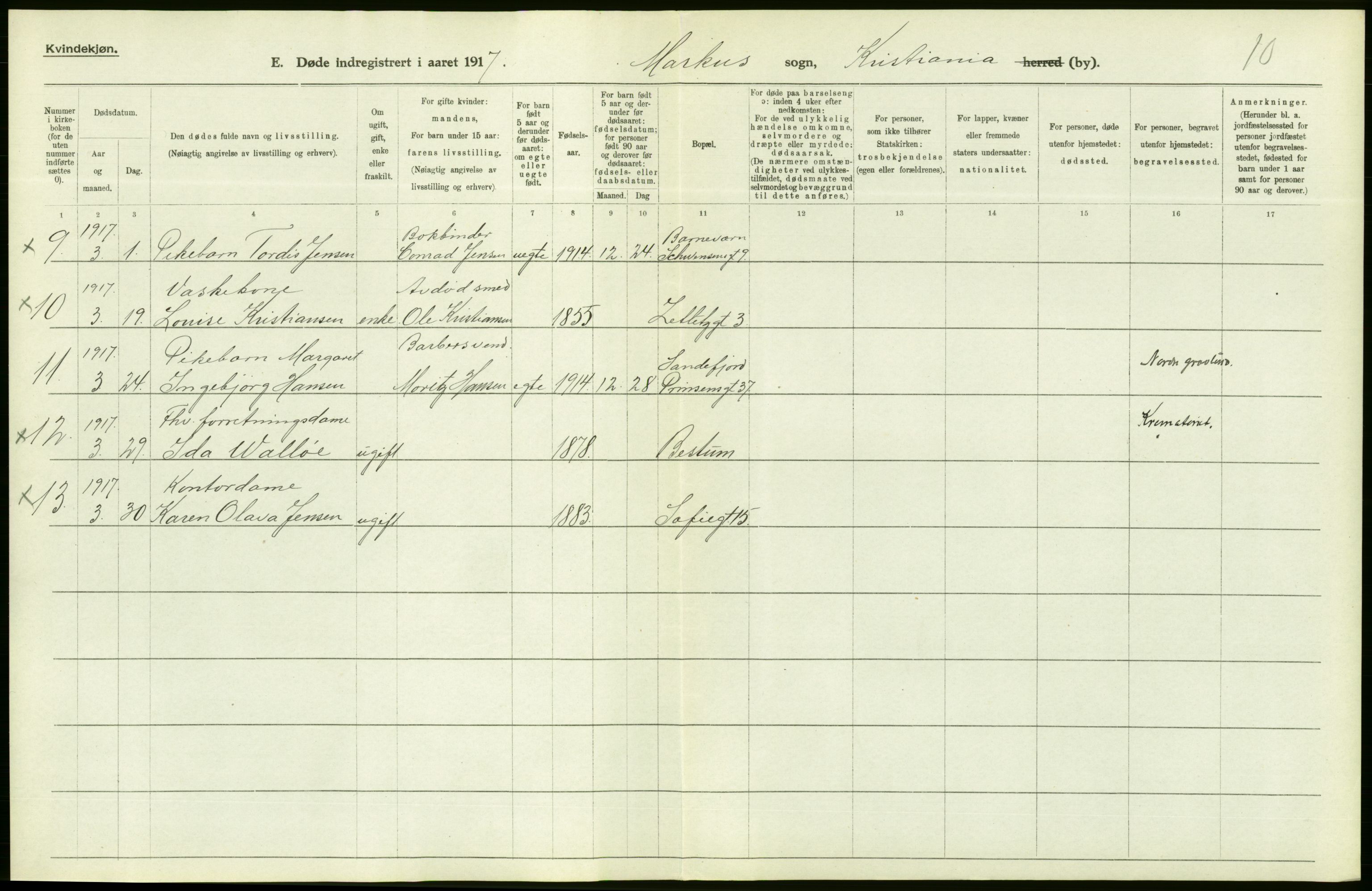 Statistisk sentralbyrå, Sosiodemografiske emner, Befolkning, AV/RA-S-2228/D/Df/Dfb/Dfbg/L0010: Kristiania: Døde, 1917, s. 6