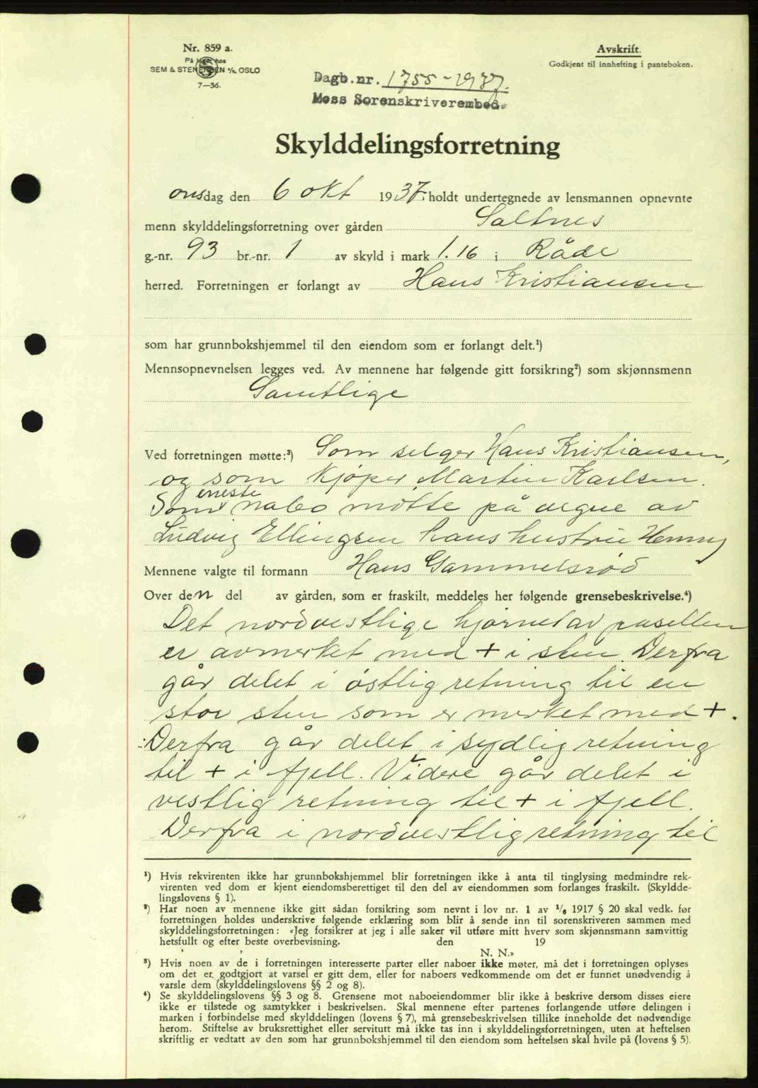 Moss sorenskriveri, SAO/A-10168: Pantebok nr. A3, 1937-1938, Dagboknr: 1755/1937