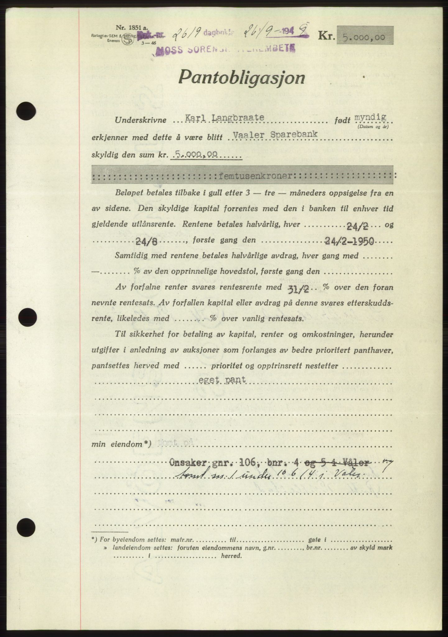 Moss sorenskriveri, SAO/A-10168: Pantebok nr. B22, 1949-1949, Dagboknr: 2619/1949