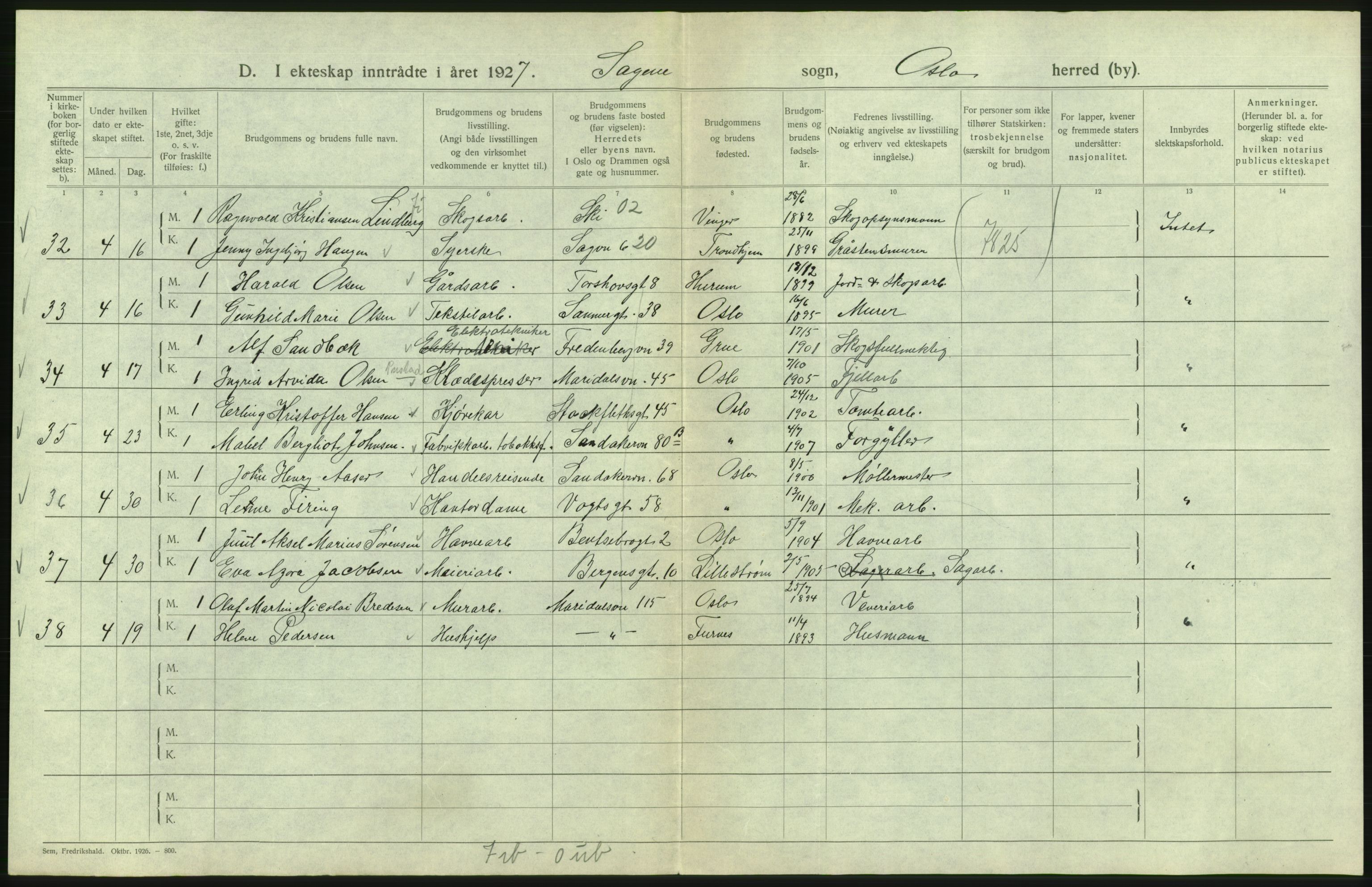 Statistisk sentralbyrå, Sosiodemografiske emner, Befolkning, AV/RA-S-2228/D/Df/Dfc/Dfcg/L0008: Oslo: Gifte, 1927, s. 348