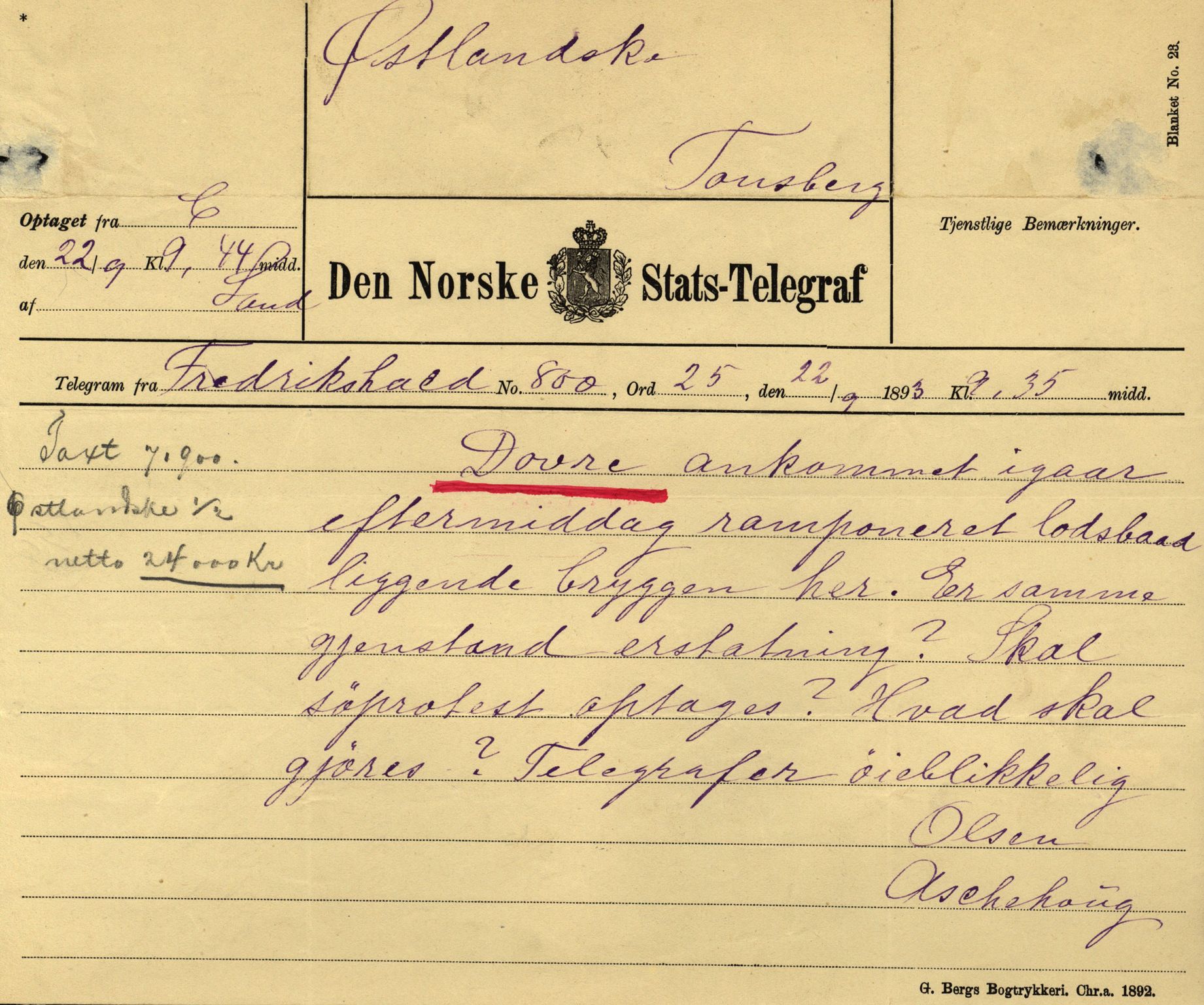 Pa 63 - Østlandske skibsassuranceforening, VEMU/A-1079/G/Ga/L0030/0004: Havaridokumenter / Riga, Punctum, Poseidon, Dovre, Bengal, Maitland, Orient, 1893, s. 45