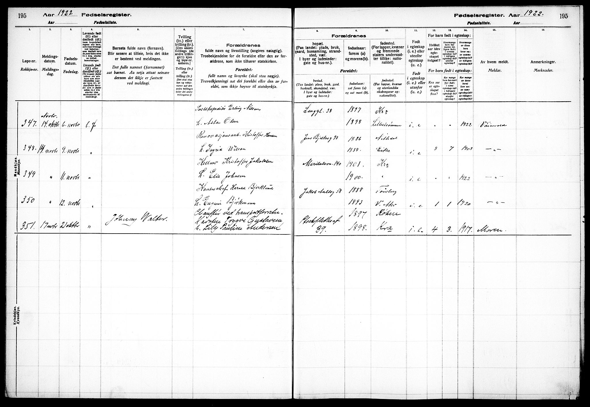 Sagene prestekontor Kirkebøker, AV/SAO-A-10796/J/L0002: Fødselsregister nr. 2, 1920-1922, s. 195