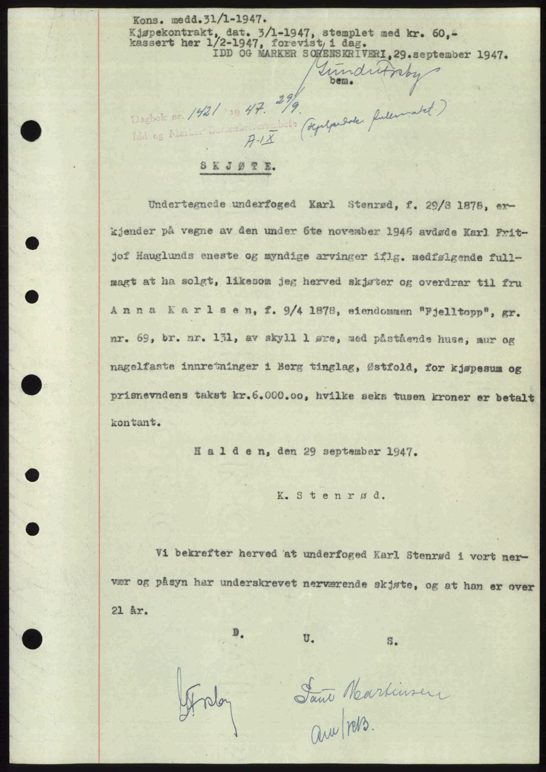 Idd og Marker sorenskriveri, SAO/A-10283/G/Gb/Gbb/L0009: Pantebok nr. A9, 1946-1947, Dagboknr: 1421/1947