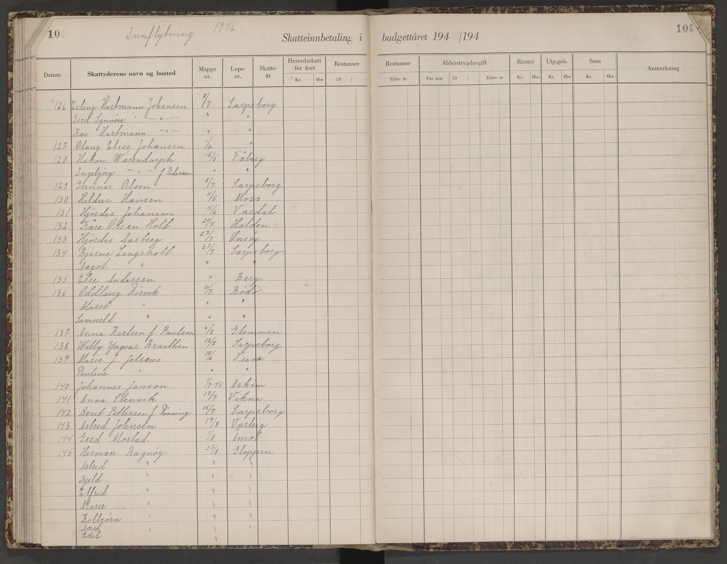 Skjeberg folkeregister, AV/SAO-A-10495/K/Ka/L0003: Fortegnelse over inn- og utflyttede, 1943-1947, s. 100