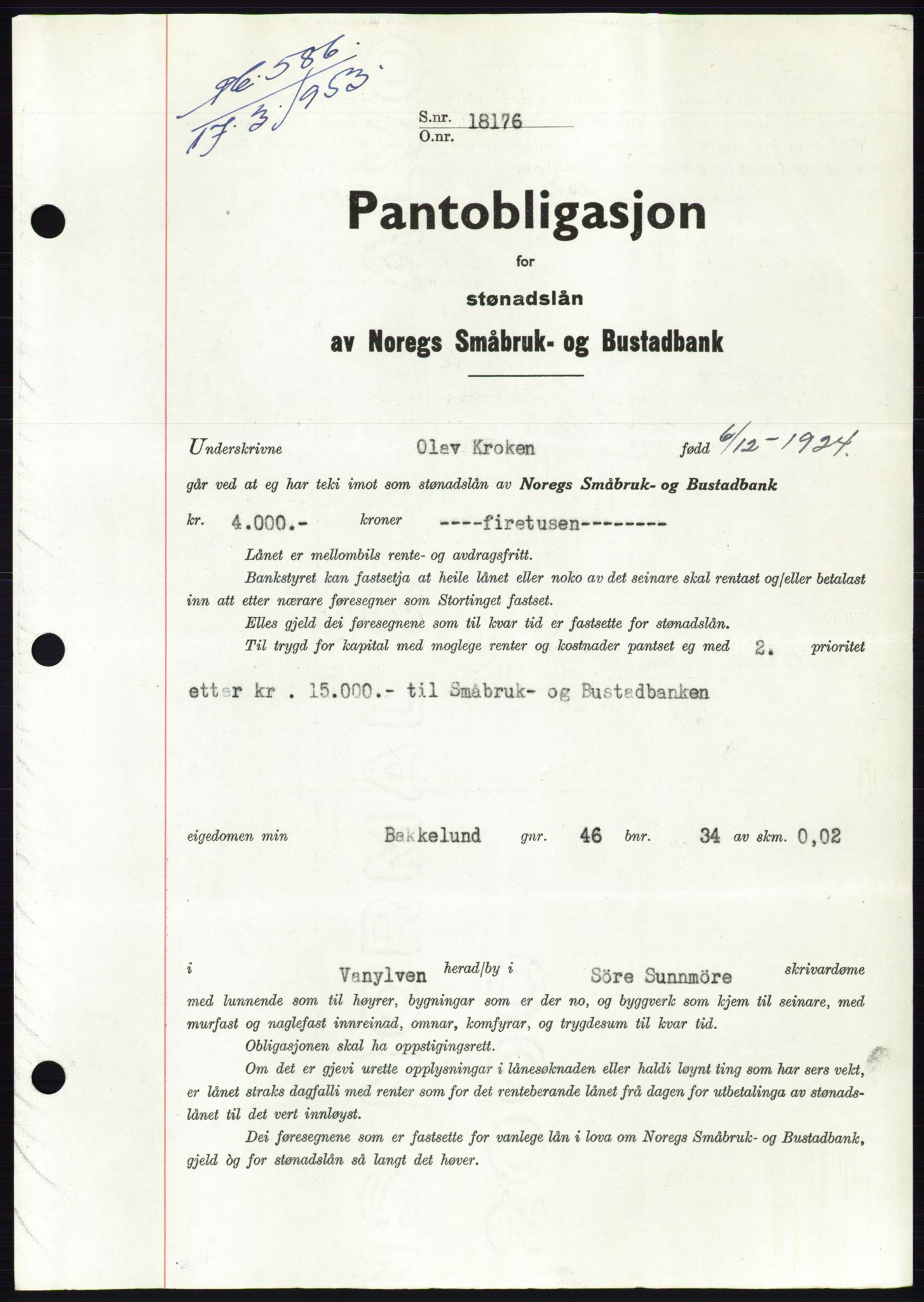 Søre Sunnmøre sorenskriveri, SAT/A-4122/1/2/2C/L0123: Pantebok nr. 11B, 1953-1953, Dagboknr: 586/1953