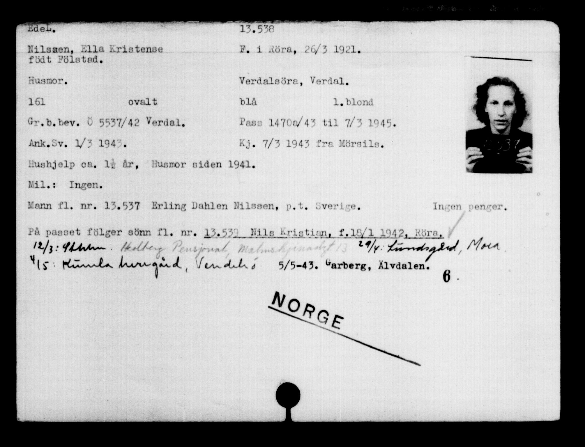Den Kgl. Norske Legasjons Flyktningskontor, AV/RA-S-6753/V/Va/L0007: Kjesäterkartoteket.  Flyktningenr. 12700-15723, 1940-1945, s. 949