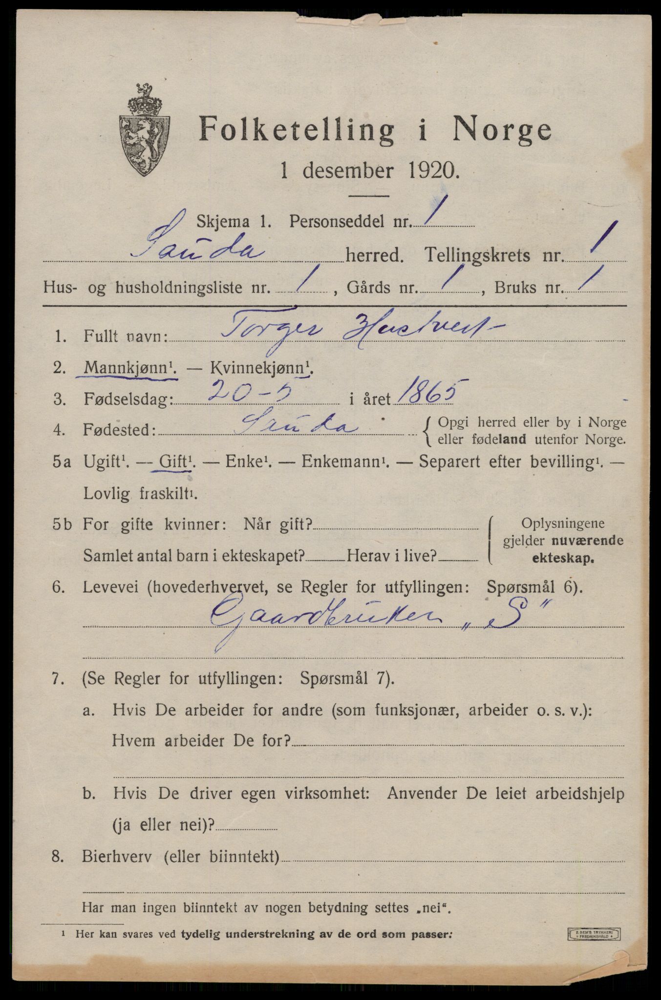 SAST, Folketelling 1920 for 1135 Sauda herred, 1920, s. 828