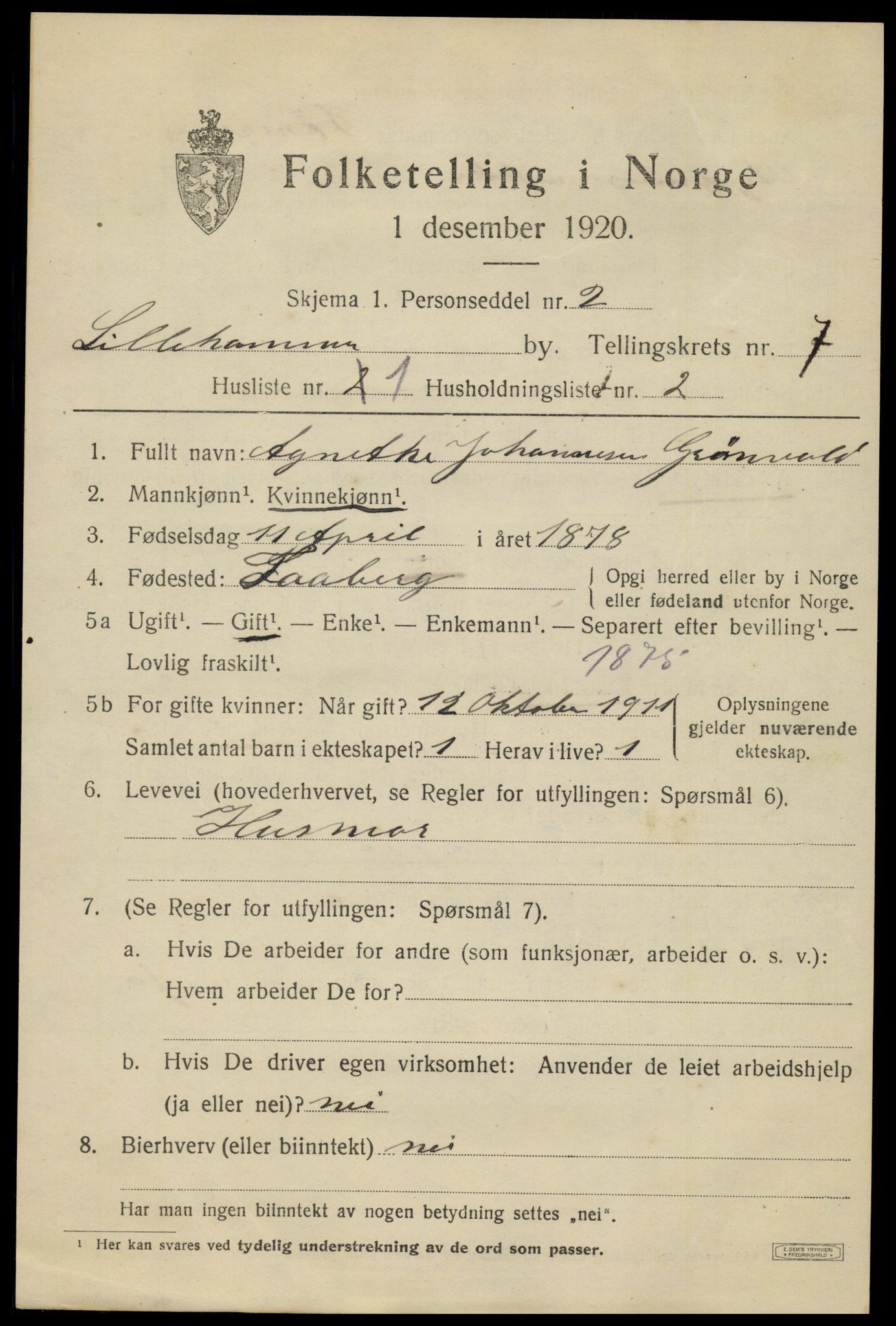 SAH, Folketelling 1920 for 0501 Lillehammer kjøpstad, 1920, s. 9420