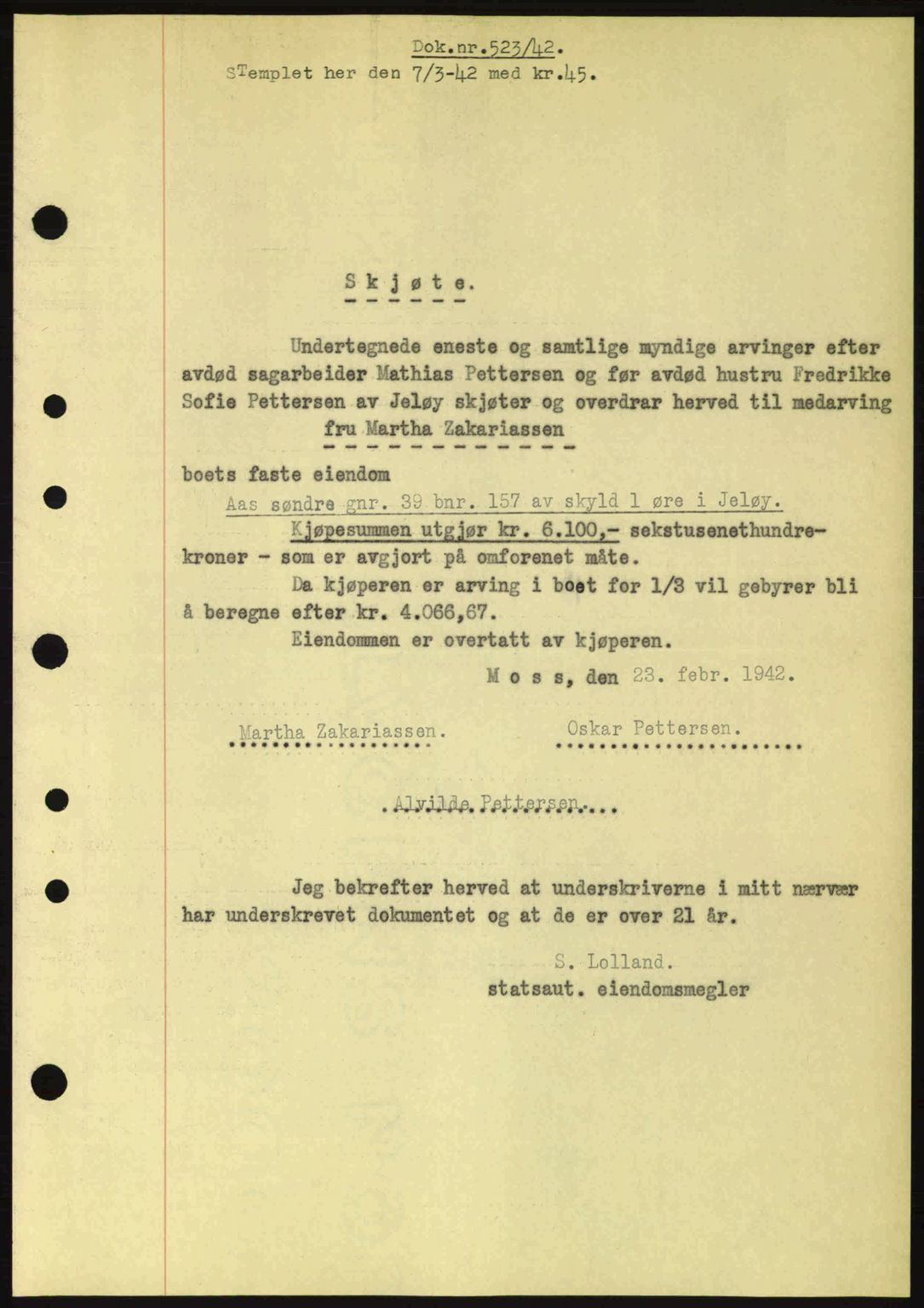 Moss sorenskriveri, SAO/A-10168: Pantebok nr. A9, 1941-1942, Dagboknr: 523/1942