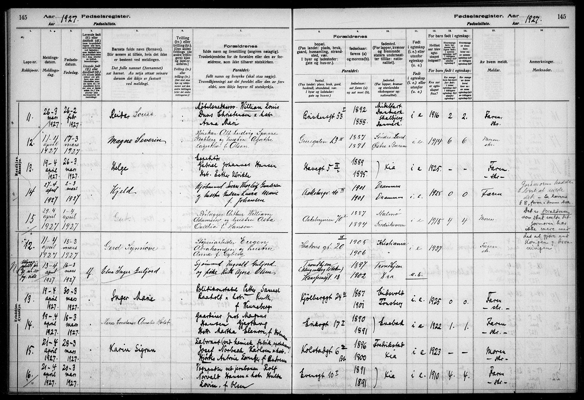 Kampen prestekontor Kirkebøker, AV/SAO-A-10853/J/Ja/L0002: Fødselsregister nr. 2, 1920-1935, s. 145
