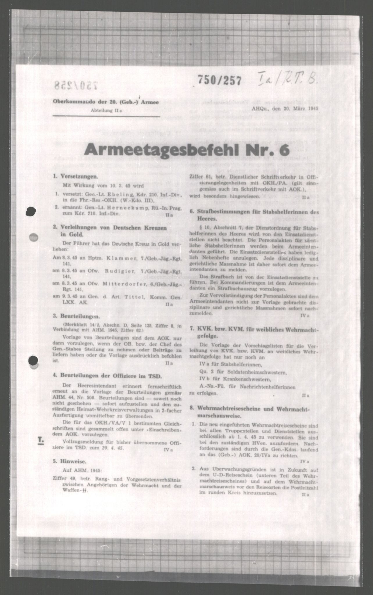 Forsvarets Overkommando. 2 kontor. Arkiv 11.4. Spredte tyske arkivsaker, AV/RA-RAFA-7031/D/Dar/Dara/L0004: Krigsdagbøker for 20. Gebirgs-Armee-Oberkommando (AOK 20), 1945, s. 166