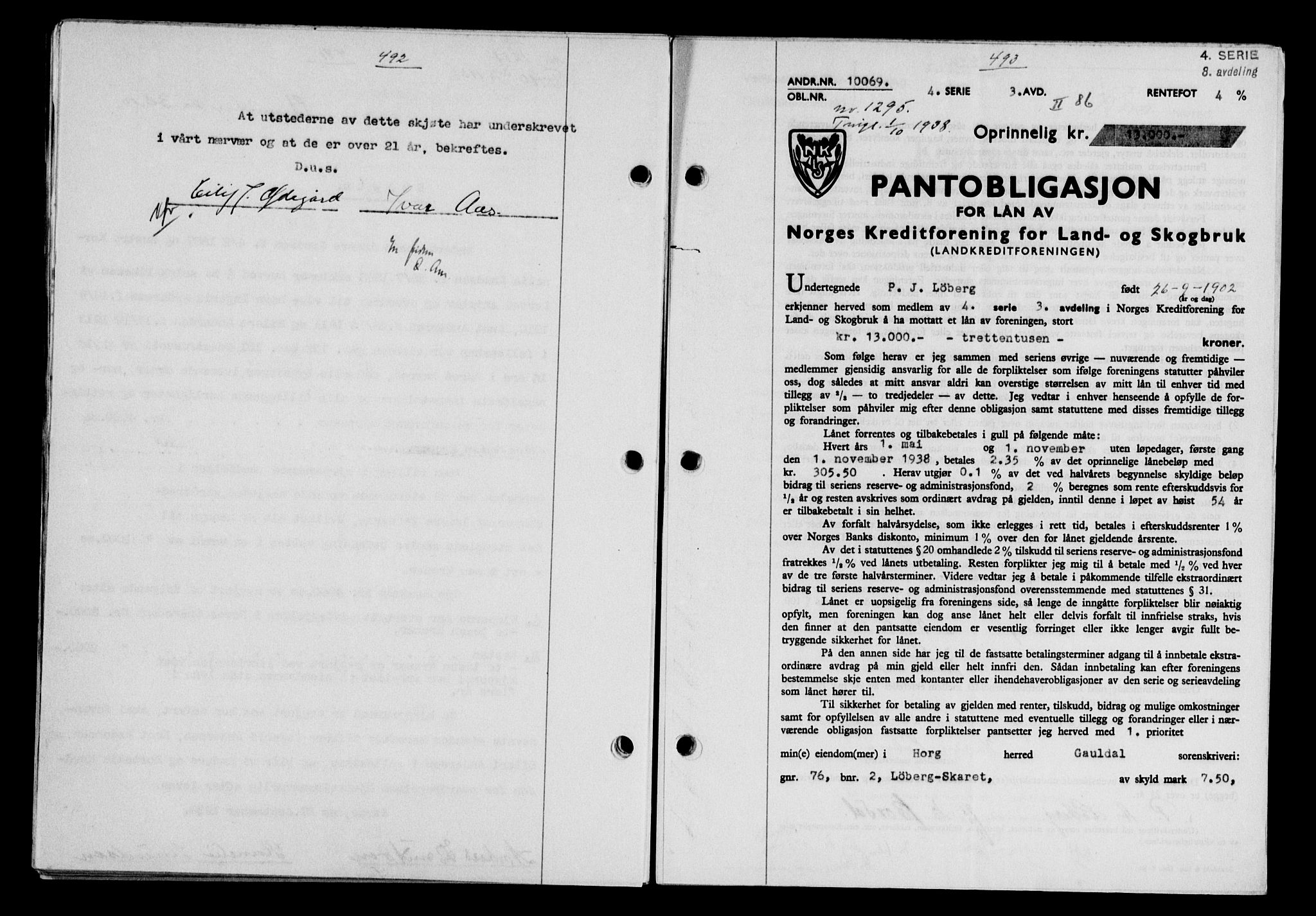 Gauldal sorenskriveri, SAT/A-0014/1/2/2C/L0049: Pantebok nr. 53, 1938-1938, Dagboknr: 1295/1938