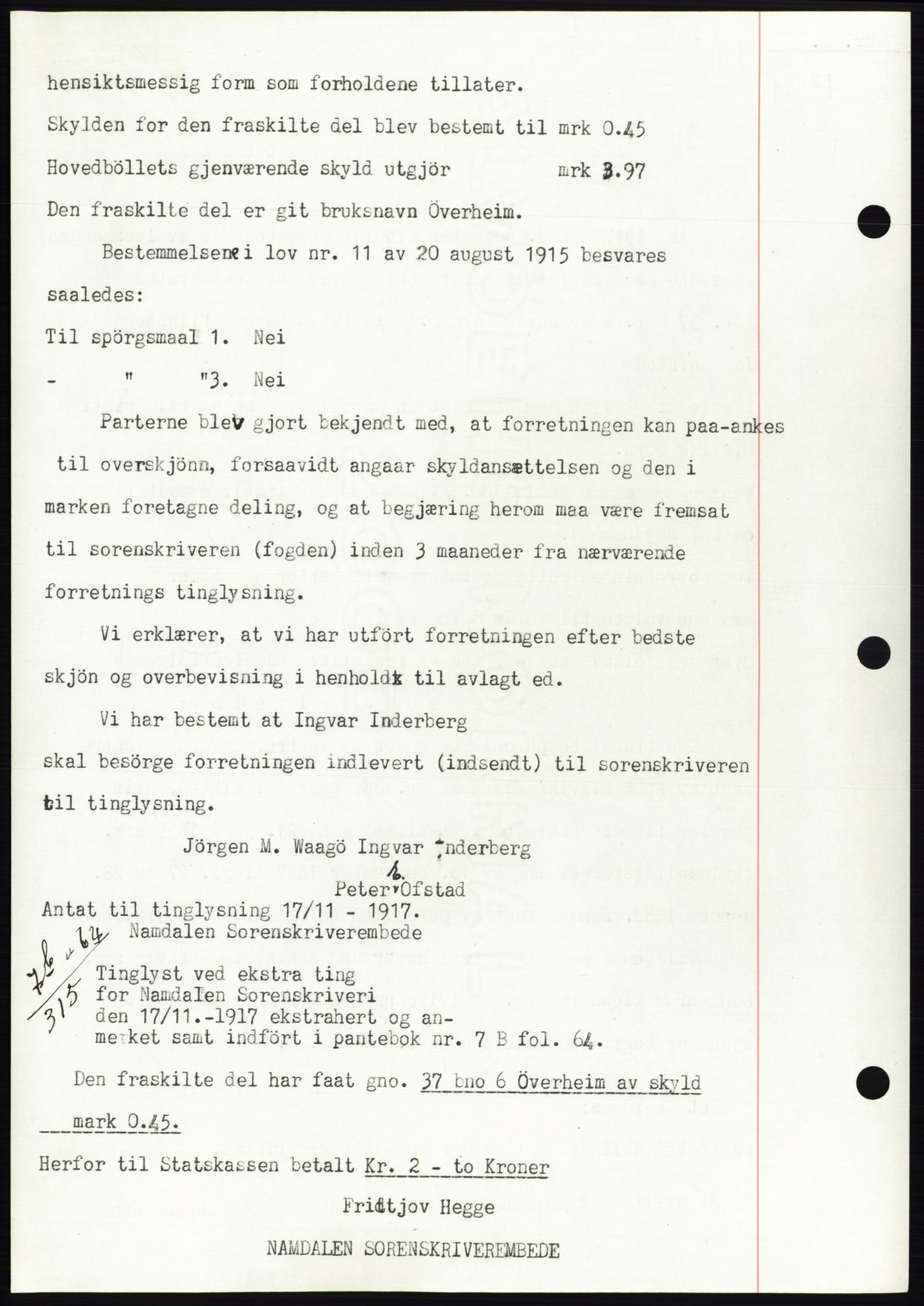 Namdal sorenskriveri, SAT/A-4133/1/2/2C: Pantebok nr. -, 1916-1921, Tingl.dato: 17.11.1917