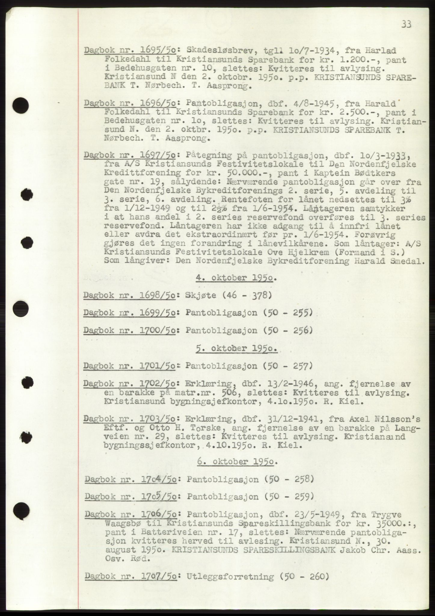 Kristiansund byfogd, AV/SAT-A-4587/A/27: Pantebok nr. 49, 1950-1950, Tingl.dato: 04.10.1950