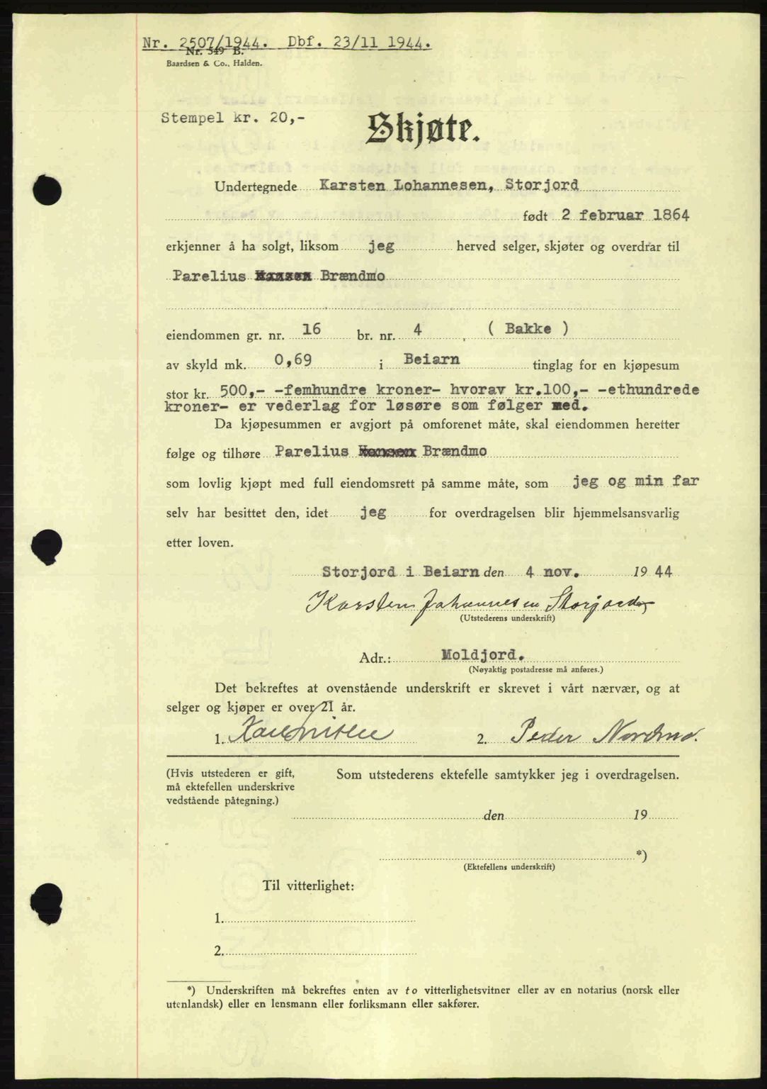 Salten sorenskriveri, SAT/A-4578/1/2/2C: Pantebok nr. A14-15, 1943-1945, Dagboknr: 2507/1944