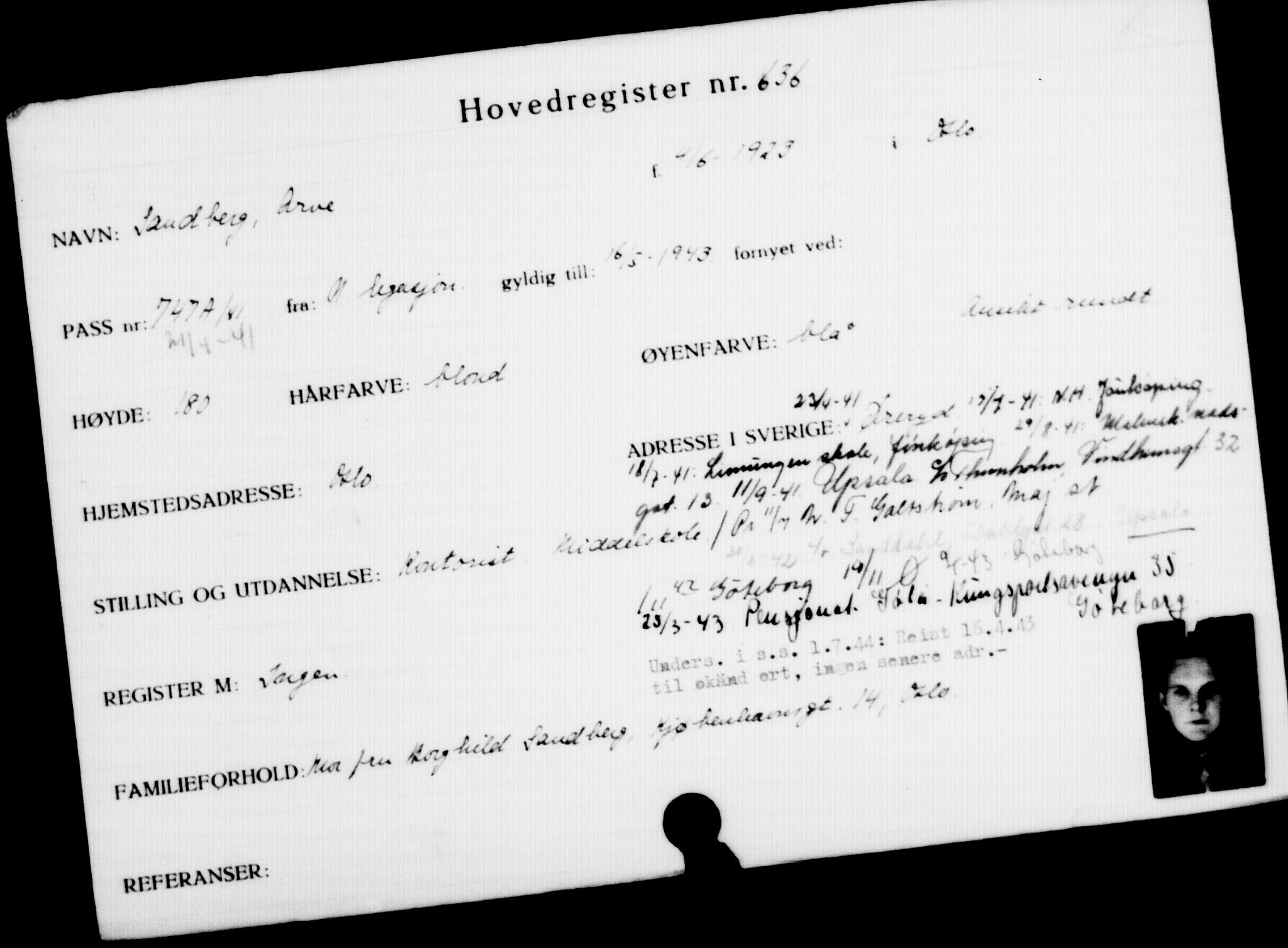 Utenriksstasjonene, Legasjonen i Stockholm, Flyktningkontoret, AV/RA-S-6753/V/Va/L0001: Kjesäterkartoteket, flyktninger med registreringsnr. 1-1000, 1940-1945, s. 993