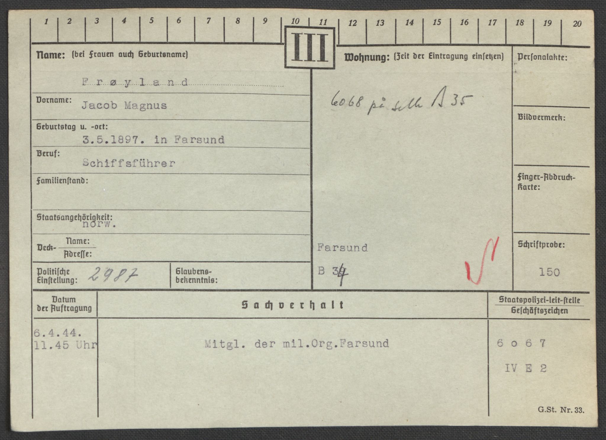 Befehlshaber der Sicherheitspolizei und des SD, RA/RAFA-5969/E/Ea/Eaa/L0003: Register over norske fanger i Møllergata 19: Eng-Hag, 1940-1945, s. 637