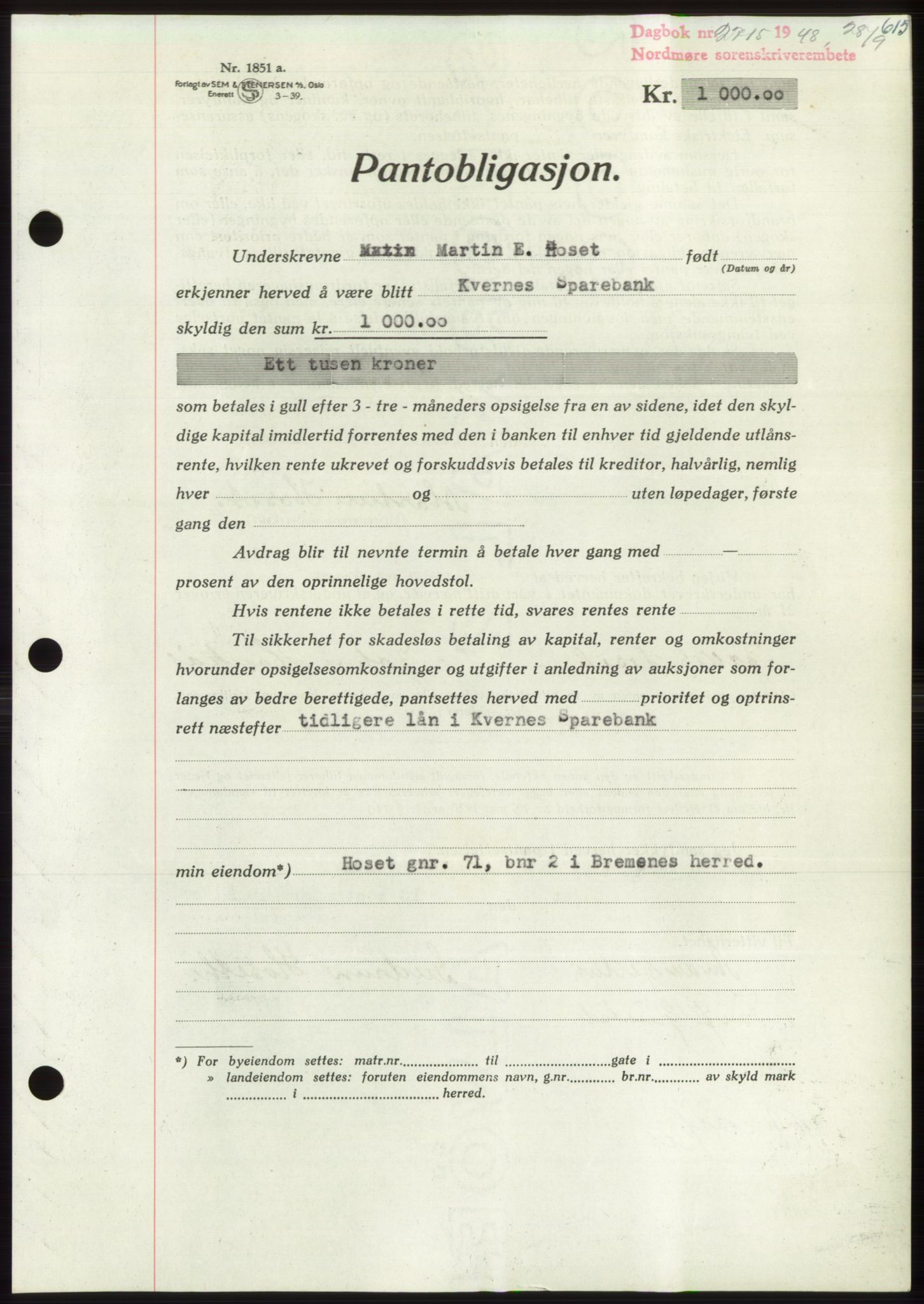 Nordmøre sorenskriveri, SAT/A-4132/1/2/2Ca: Pantebok nr. B99, 1948-1948, Dagboknr: 2715/1948