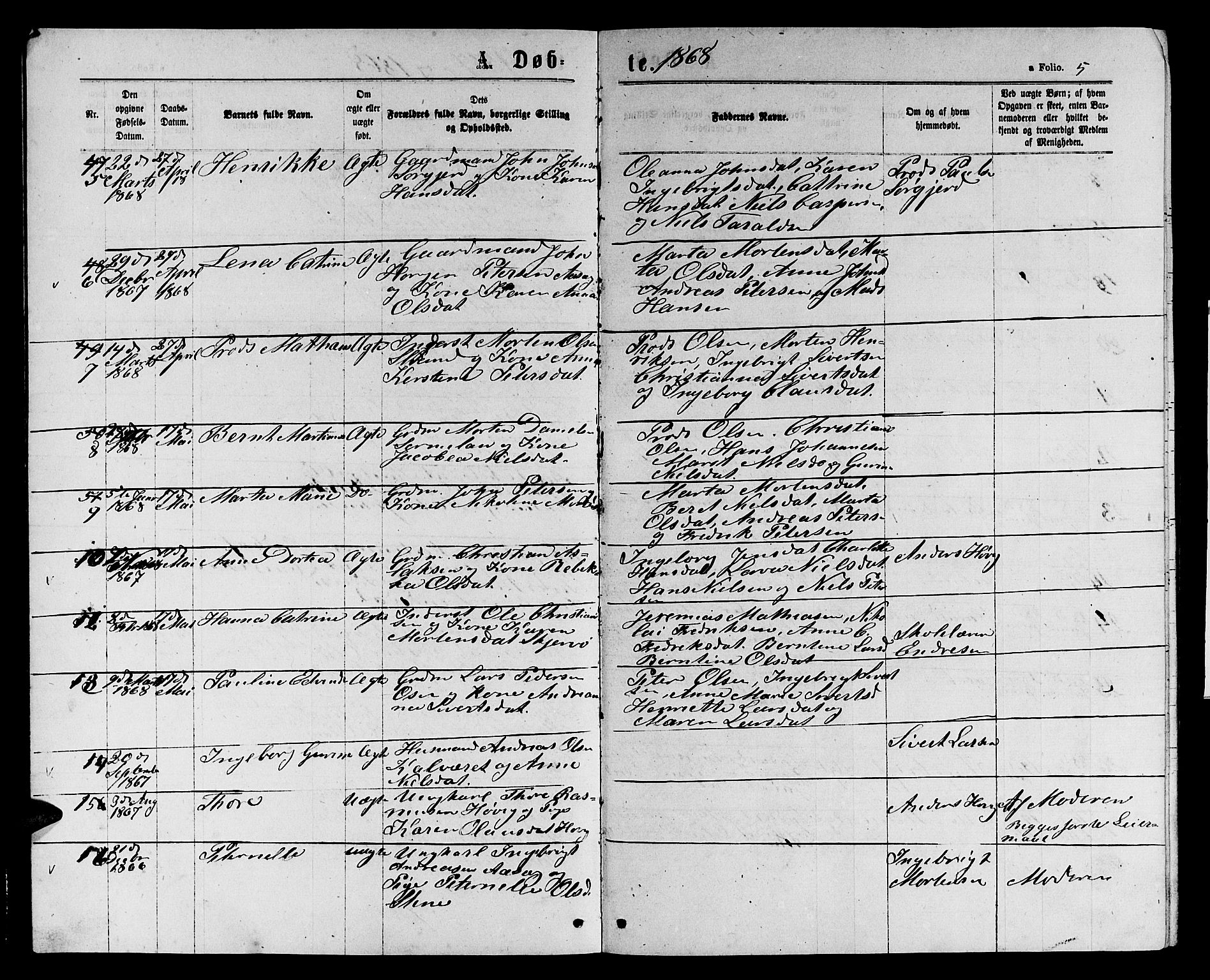 Ministerialprotokoller, klokkerbøker og fødselsregistre - Sør-Trøndelag, SAT/A-1456/658/L0725: Klokkerbok nr. 658C01, 1867-1882, s. 5