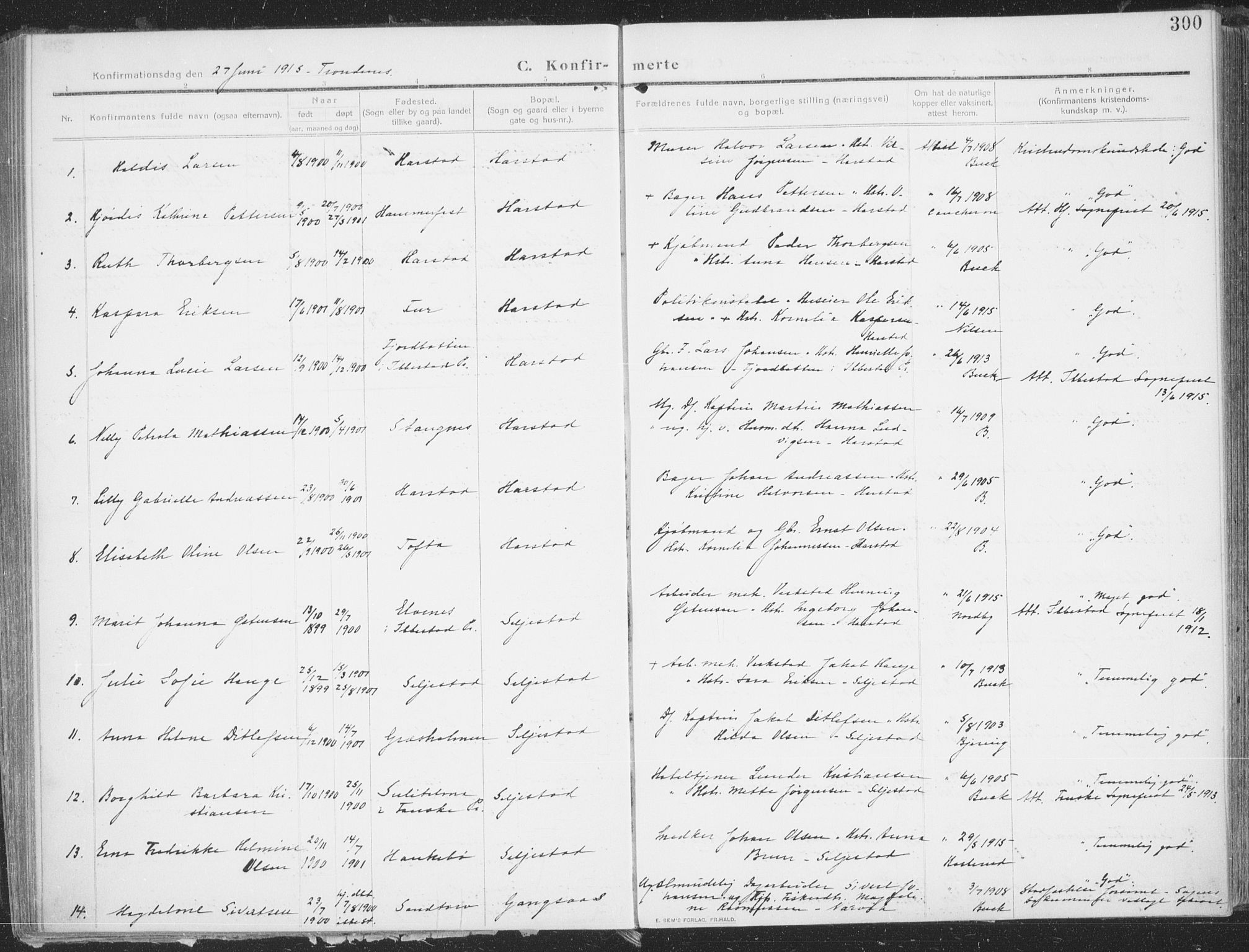 Trondenes sokneprestkontor, AV/SATØ-S-1319/H/Ha/L0018kirke: Ministerialbok nr. 18, 1909-1918, s. 300