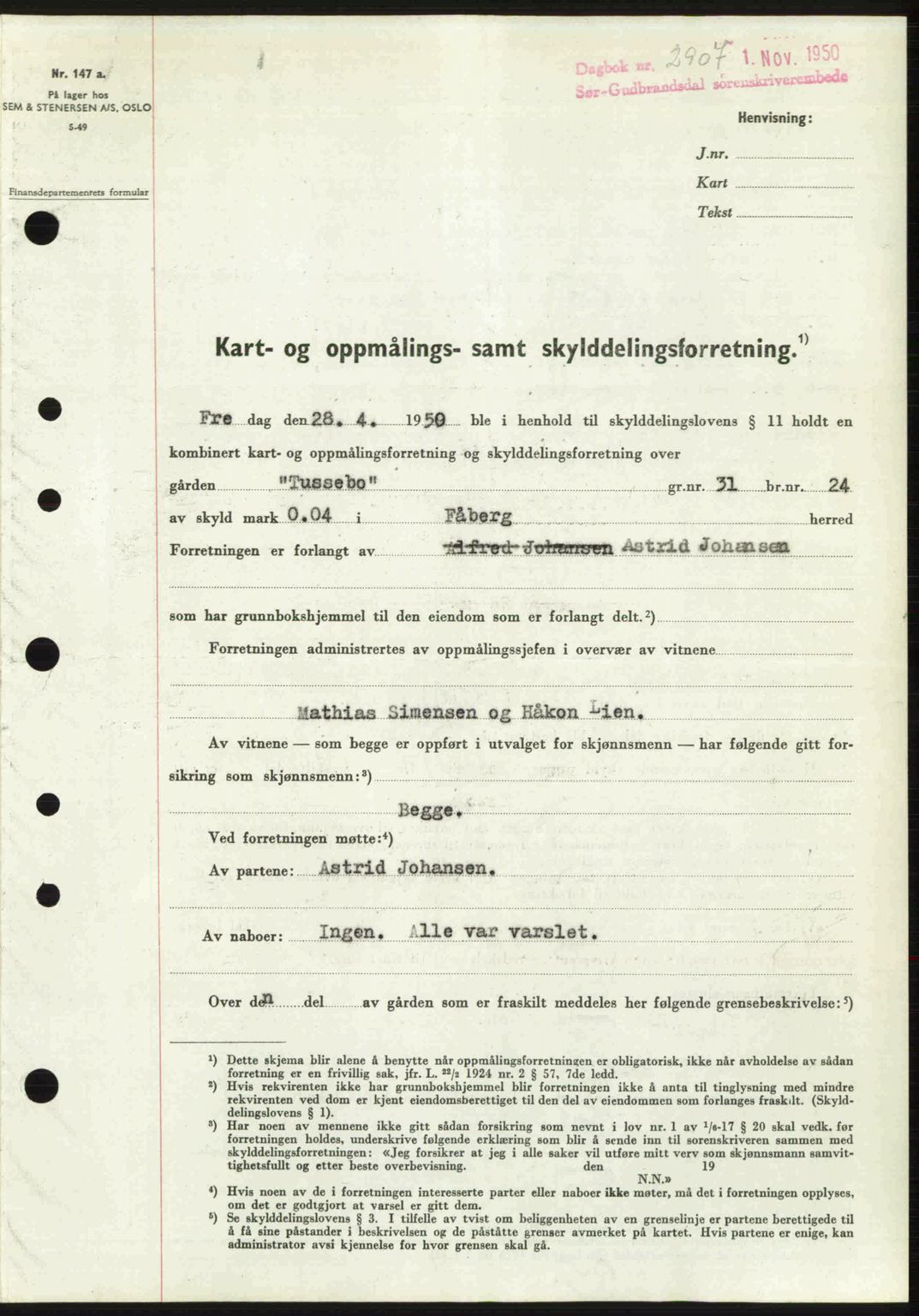 Sør-Gudbrandsdal tingrett, SAH/TING-004/H/Hb/Hbd/L0029: Pantebok nr. A29, 1950-1950, Dagboknr: 2907/1950