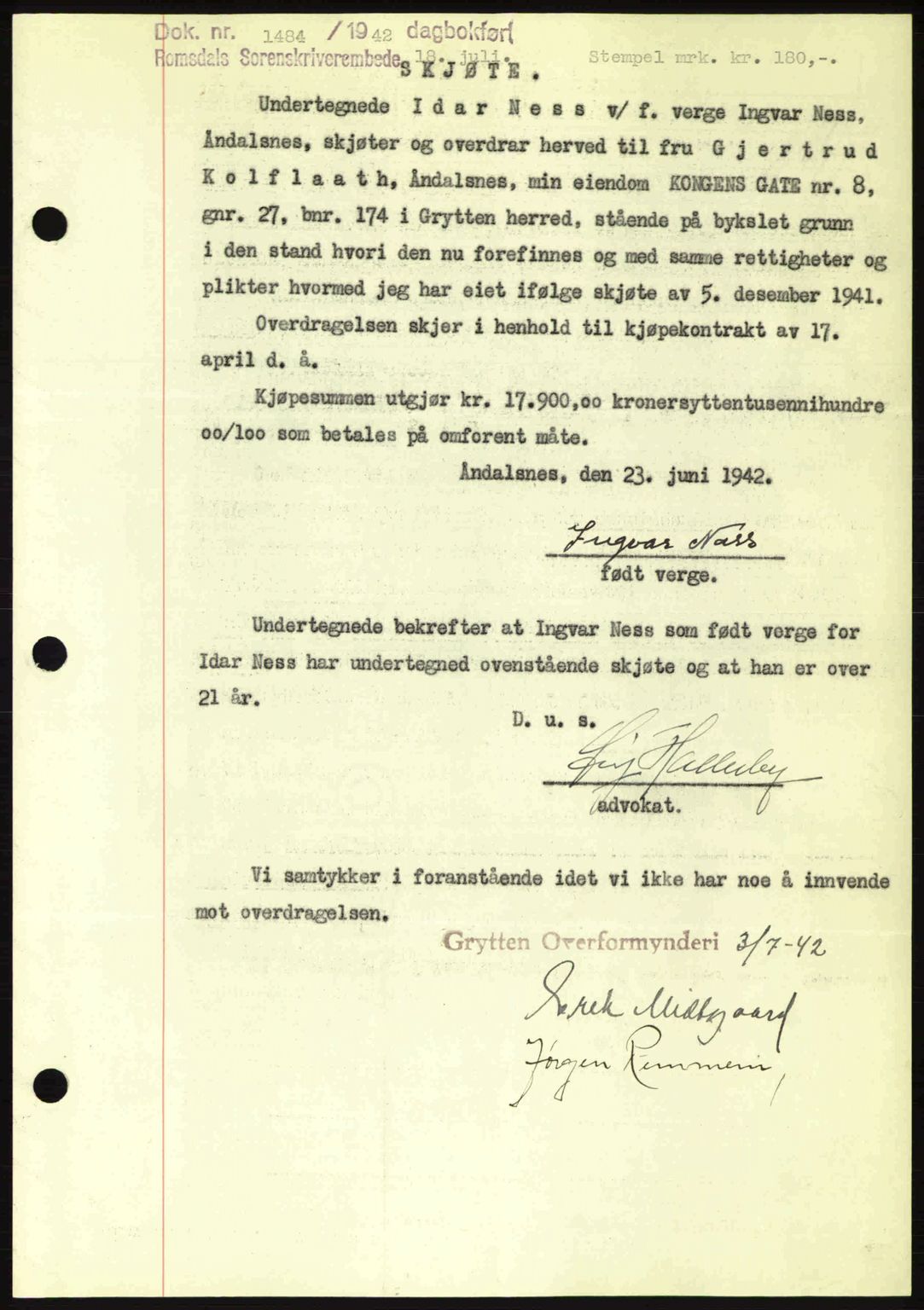 Romsdal sorenskriveri, SAT/A-4149/1/2/2C: Pantebok nr. A12, 1942-1942, Dagboknr: 1484/1942