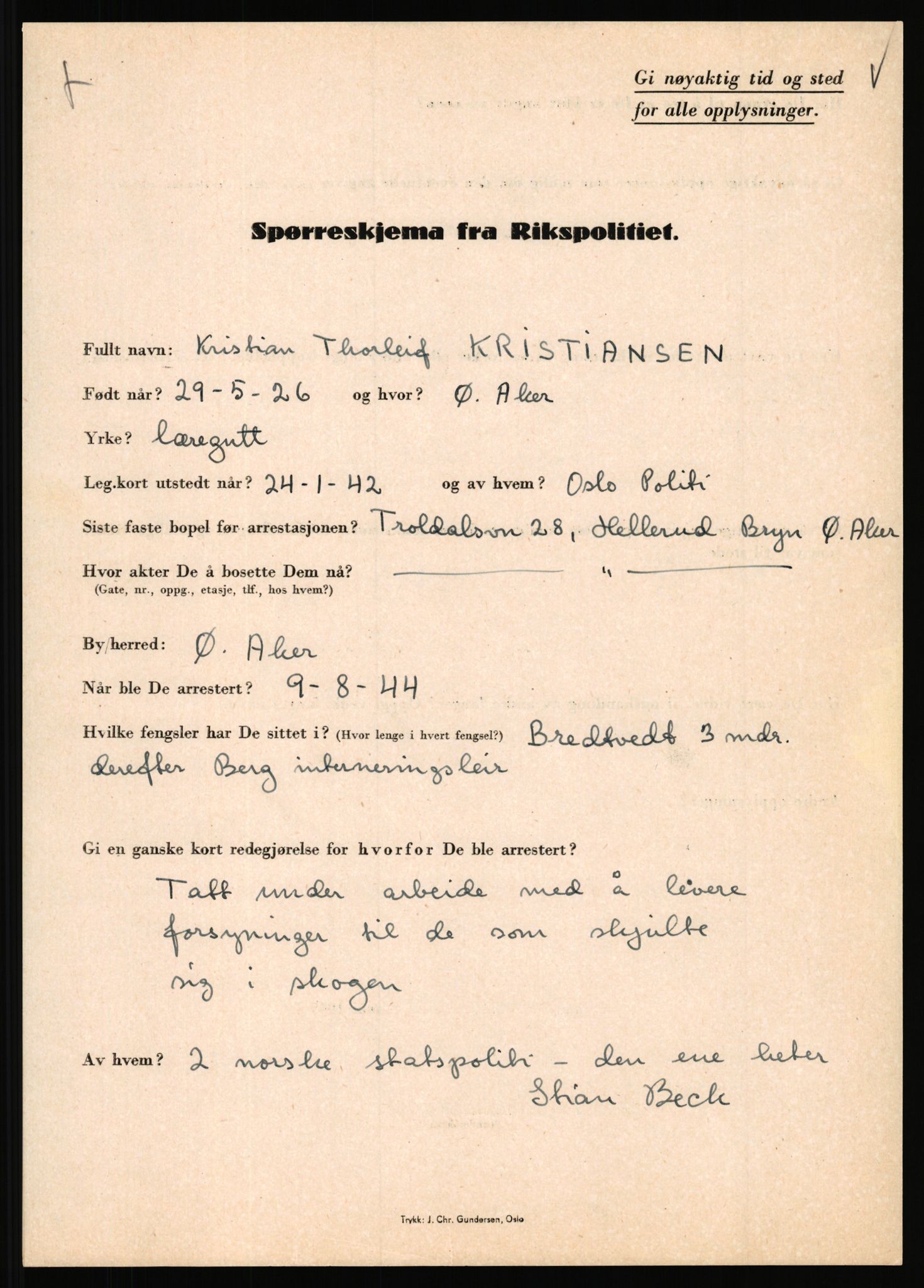 Rikspolitisjefen, AV/RA-S-1560/L/L0009: Karlsen, Aksel Emanuel - Kristiansen, Øivind Vetre, 1940-1945, s. 1089