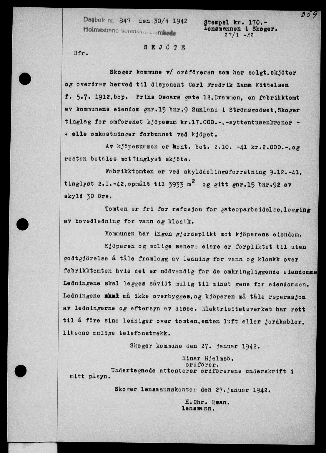 Holmestrand sorenskriveri, SAKO/A-67/G/Ga/Gaa/L0055: Pantebok nr. A-55, 1942-1942, Dagboknr: 847/1942