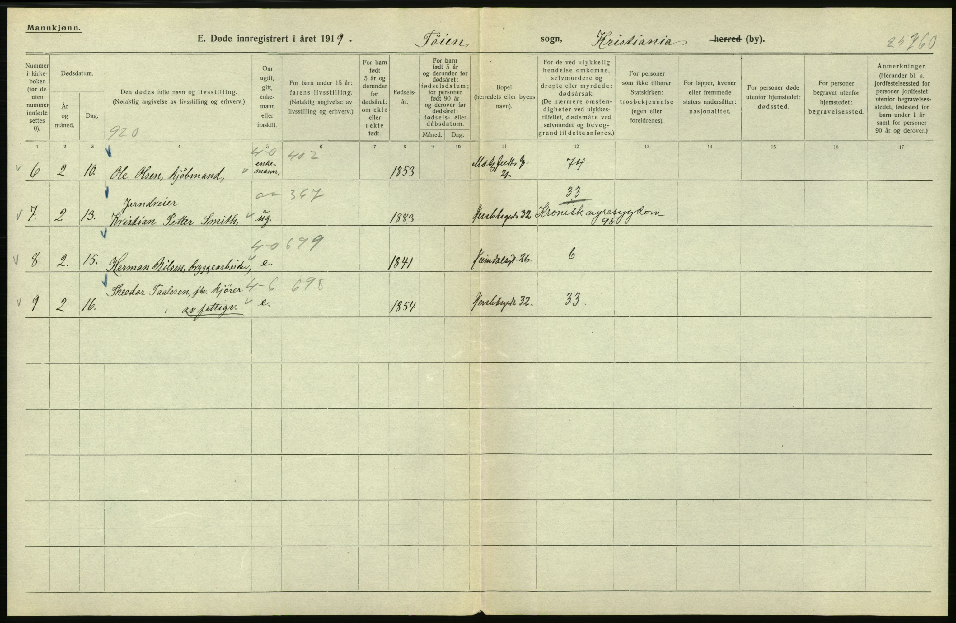 Statistisk sentralbyrå, Sosiodemografiske emner, Befolkning, RA/S-2228/D/Df/Dfb/Dfbi/L0010: Kristiania: Døde, 1919, s. 470