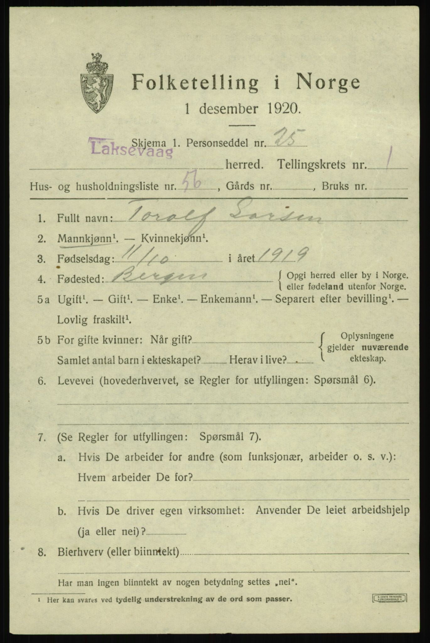 SAB, Folketelling 1920 for 1248 Laksevåg herred, 1920, s. 3990