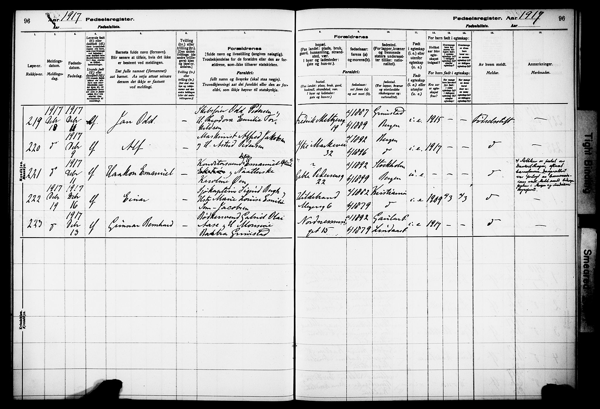 Kvinneklinikken, SAB/A-76301/F/L0A01: Fødselsregister nr. A 1, 1916-1920, s. 96