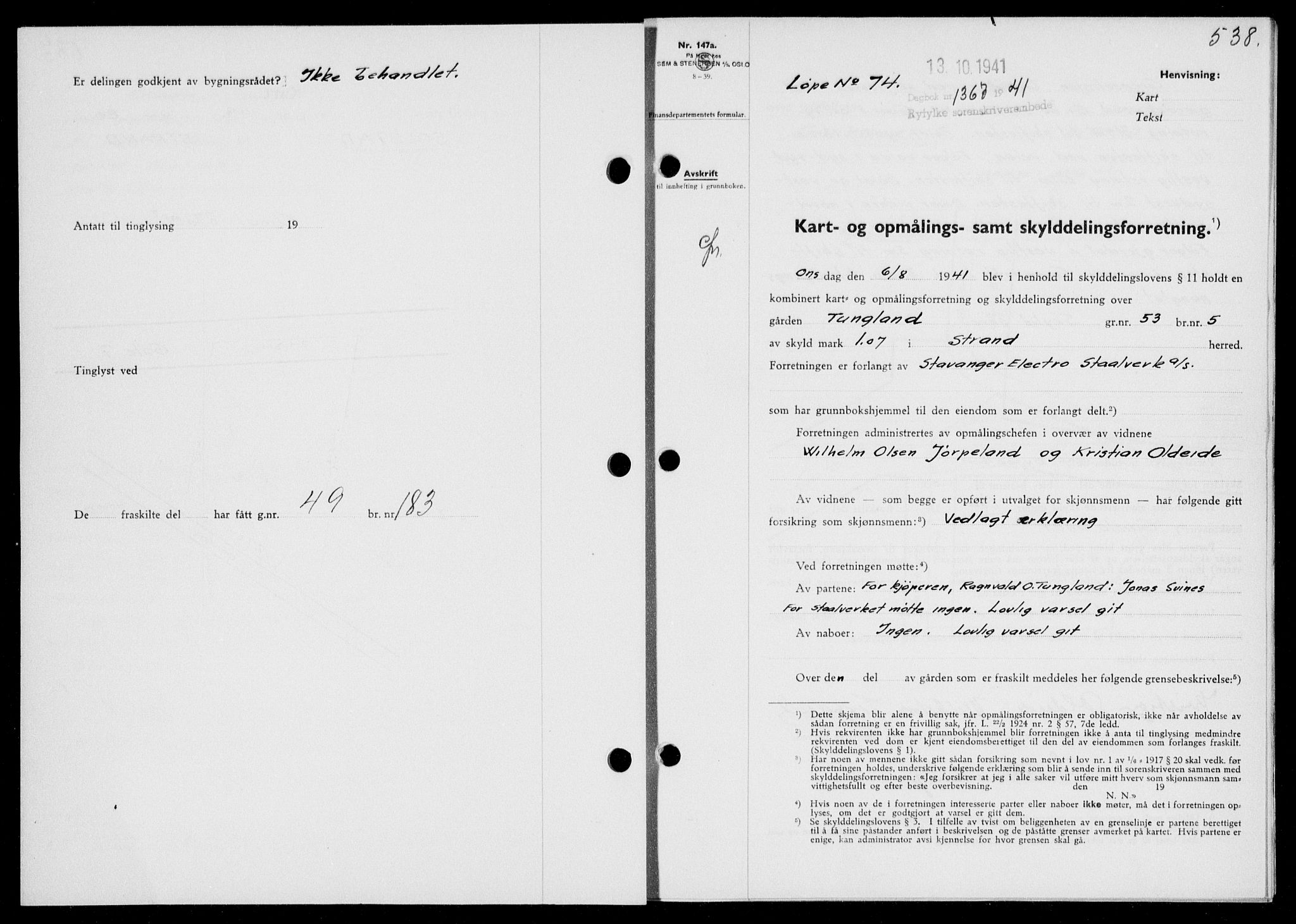 Ryfylke tingrett, SAST/A-100055/001/II/IIB/L0085: Pantebok nr. 64, 1941-1941, Dagboknr: 1367/1941