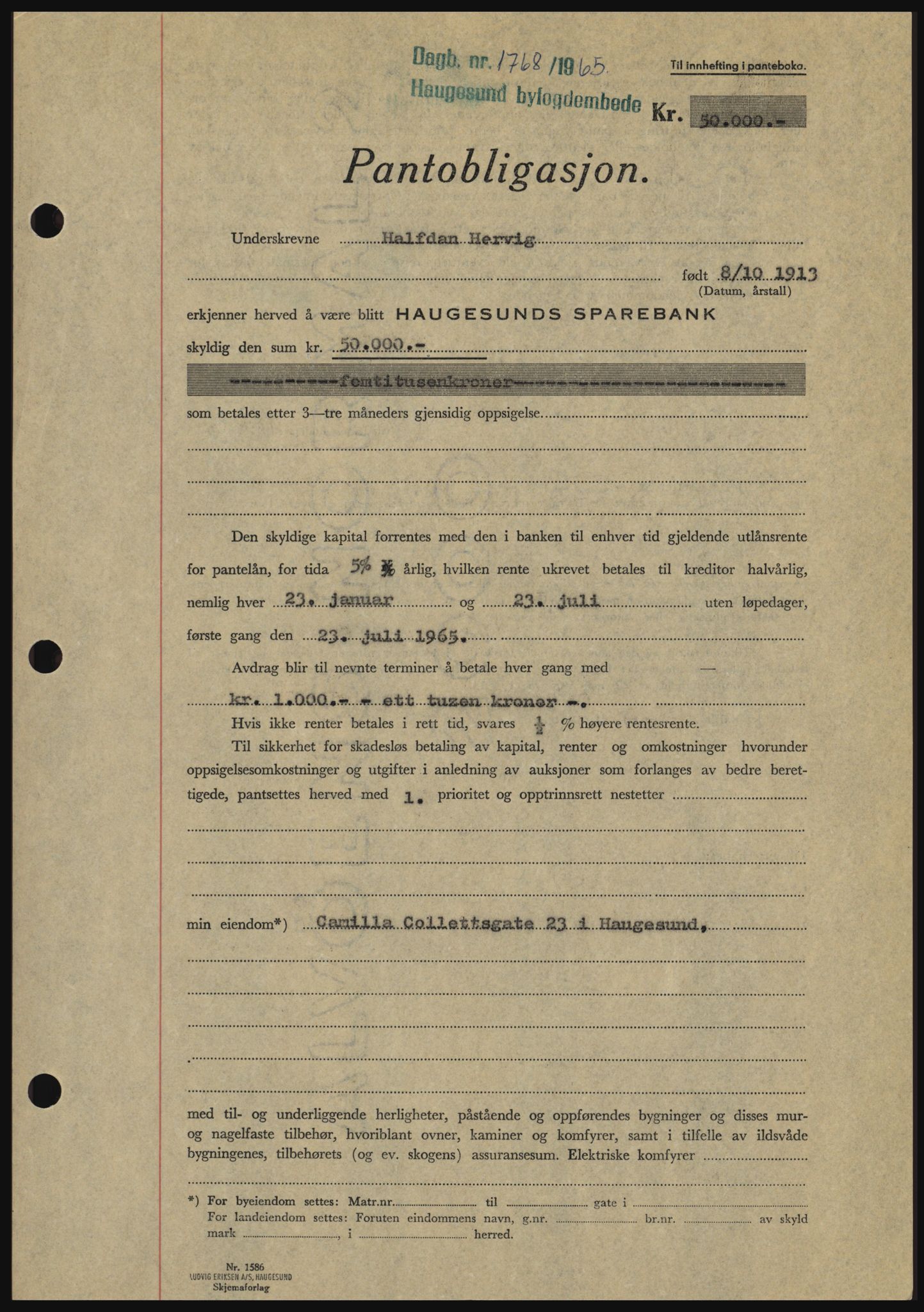 Haugesund tingrett, SAST/A-101415/01/II/IIC/L0053: Pantebok nr. B 53, 1965-1965, Dagboknr: 1768/1965