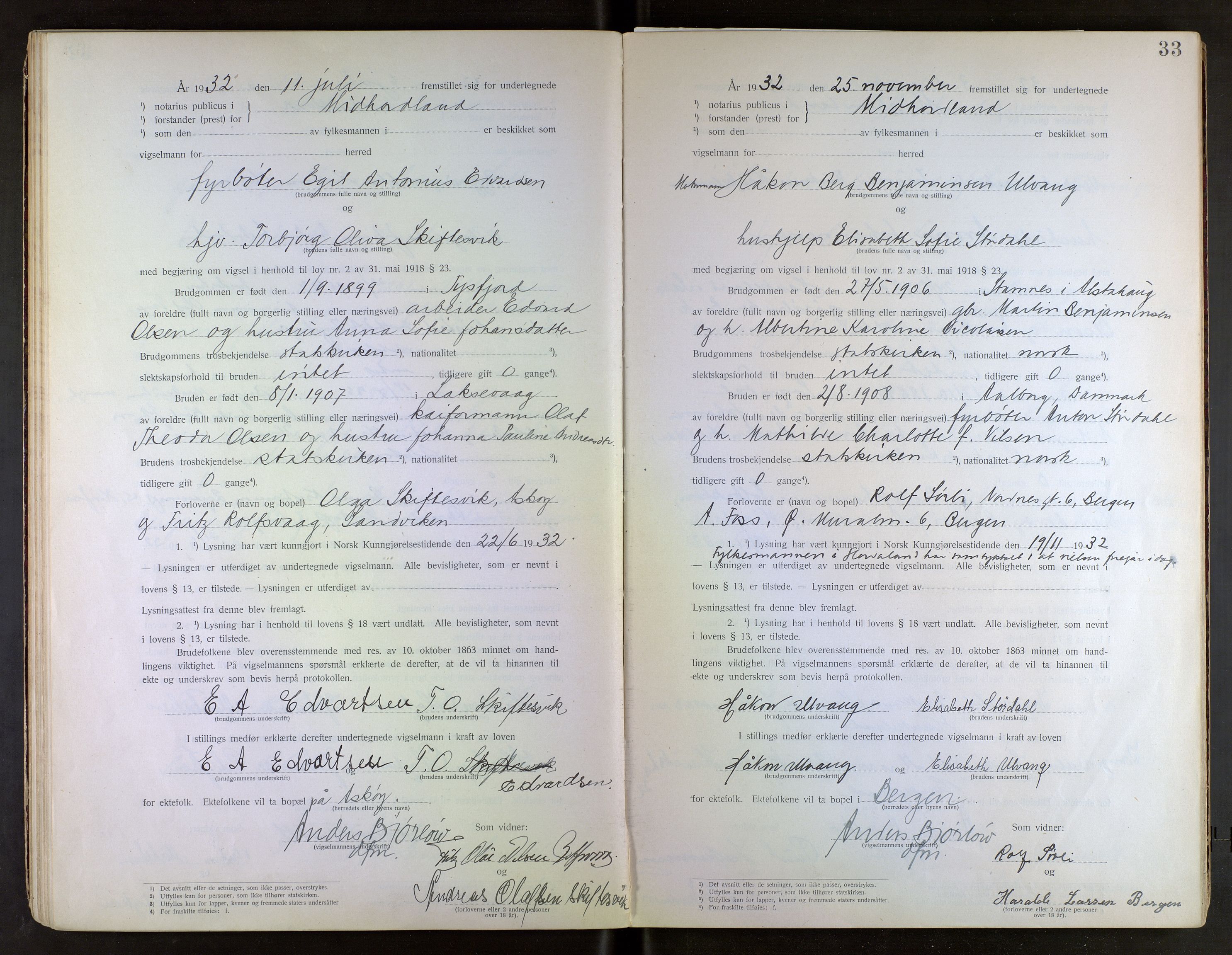 Midhordland sorenskriveri, SAB/A-3001/1/M/Mc/Mca/L0001: Notarialbilag. Vigselbøker, 1920-1939, s. 33