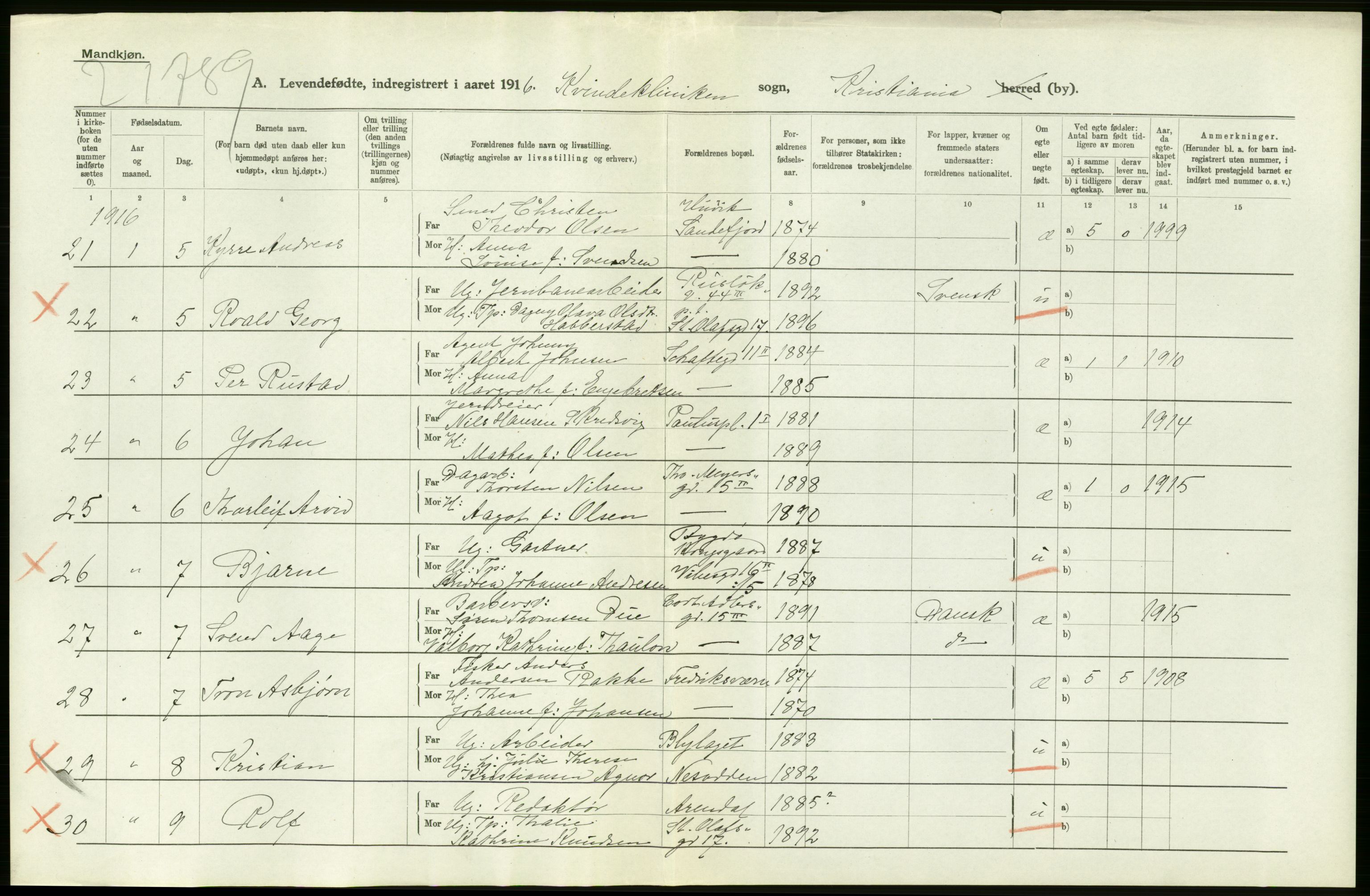 Statistisk sentralbyrå, Sosiodemografiske emner, Befolkning, AV/RA-S-2228/D/Df/Dfb/Dfbf/L0007: Kristiania: Levendefødte menn og kvinner., 1916, s. 6